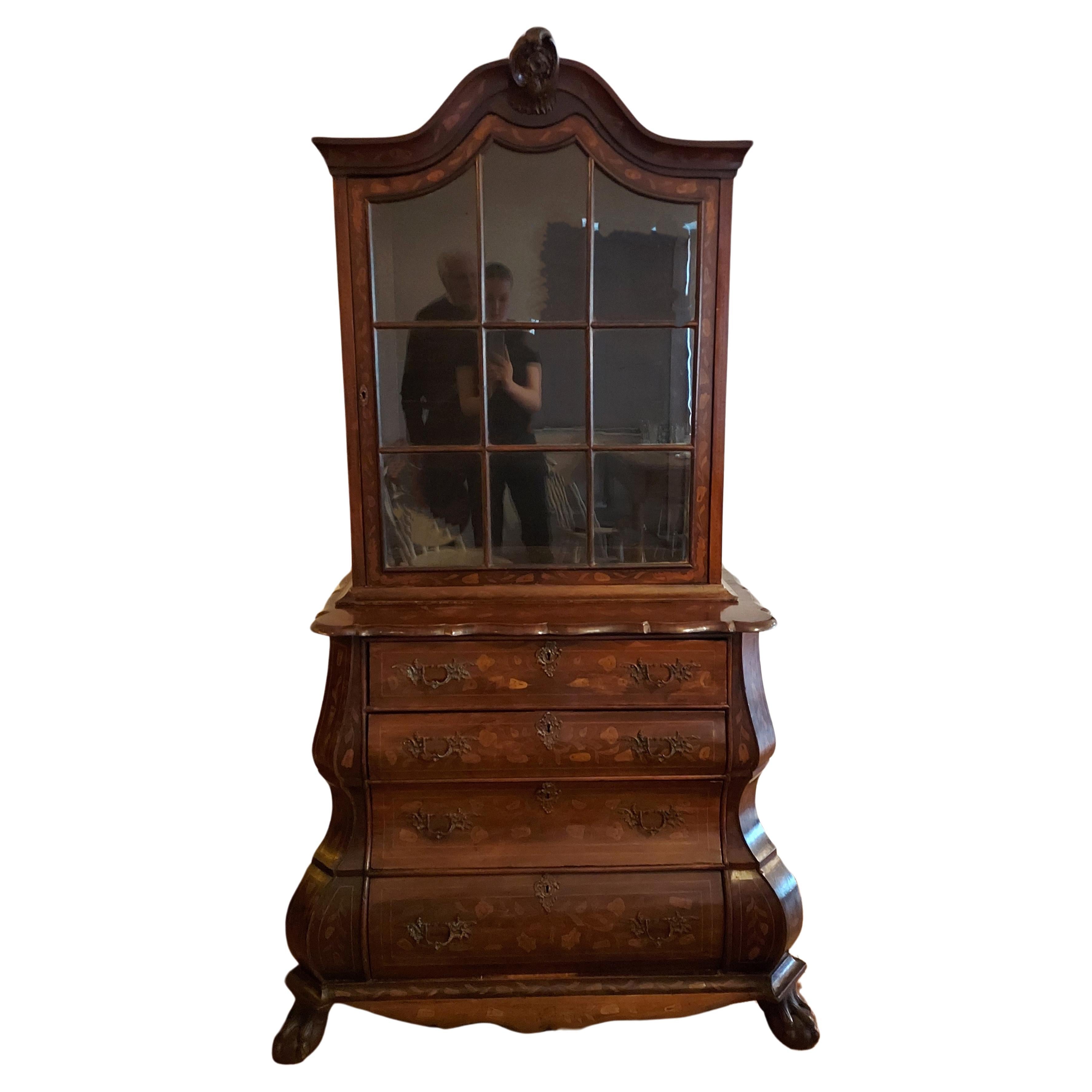 Beautifully proportioned small marquetry Dutch Display Cabinet with Chest For Sale
