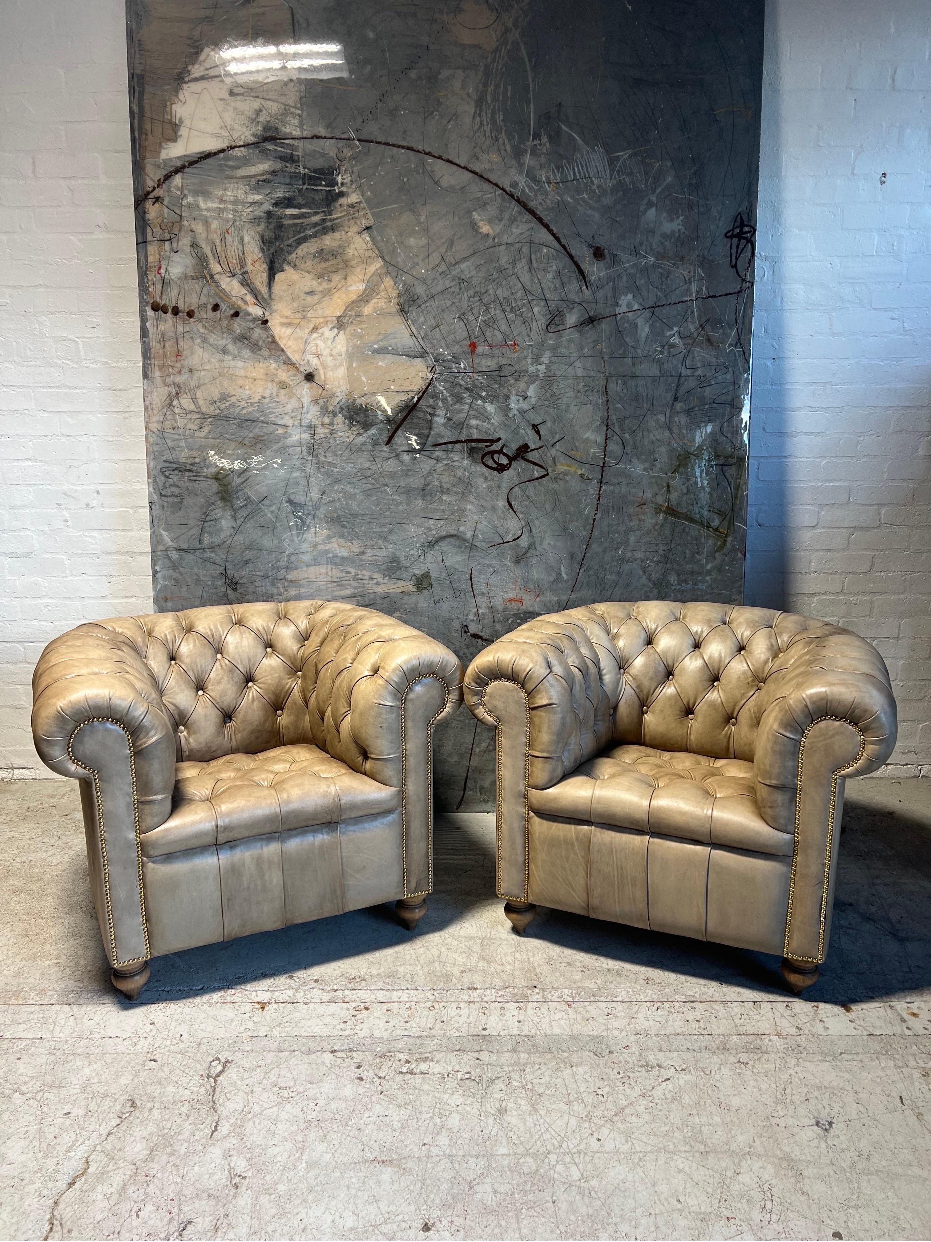 This really is a very special and most beautiful pair of midC club chairs.

We have fully restored the pieces and finished them in our hand dyed leathers using walnut husk as the dye.

The result is quite captivating with a beautiful natural patina.