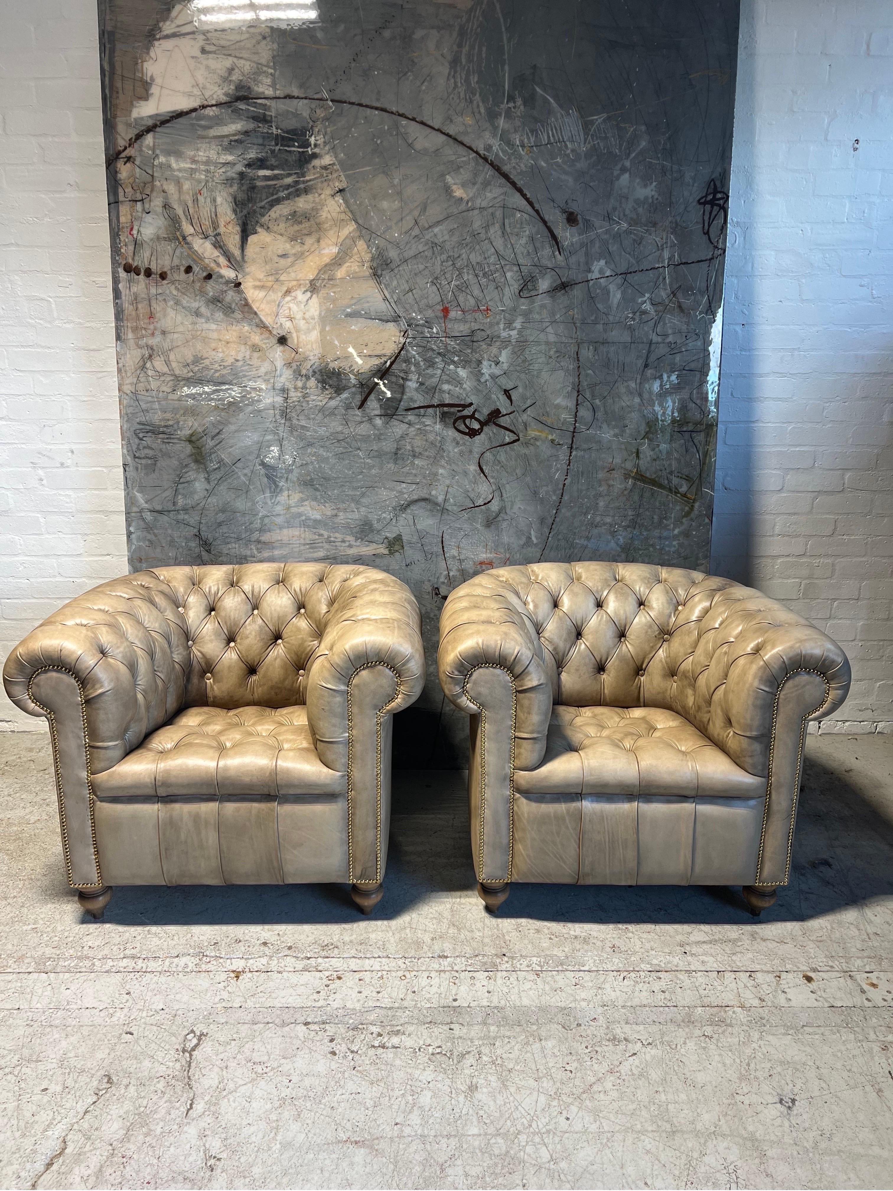 Mid-20th Century Beautifully Restored MidC Chesterfield Club Chairs in Hand Dyed Leather For Sale