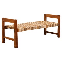 Beautifully Rustic Brazilian Day Bench with Woven-Leather Seat, Mid-20th Century