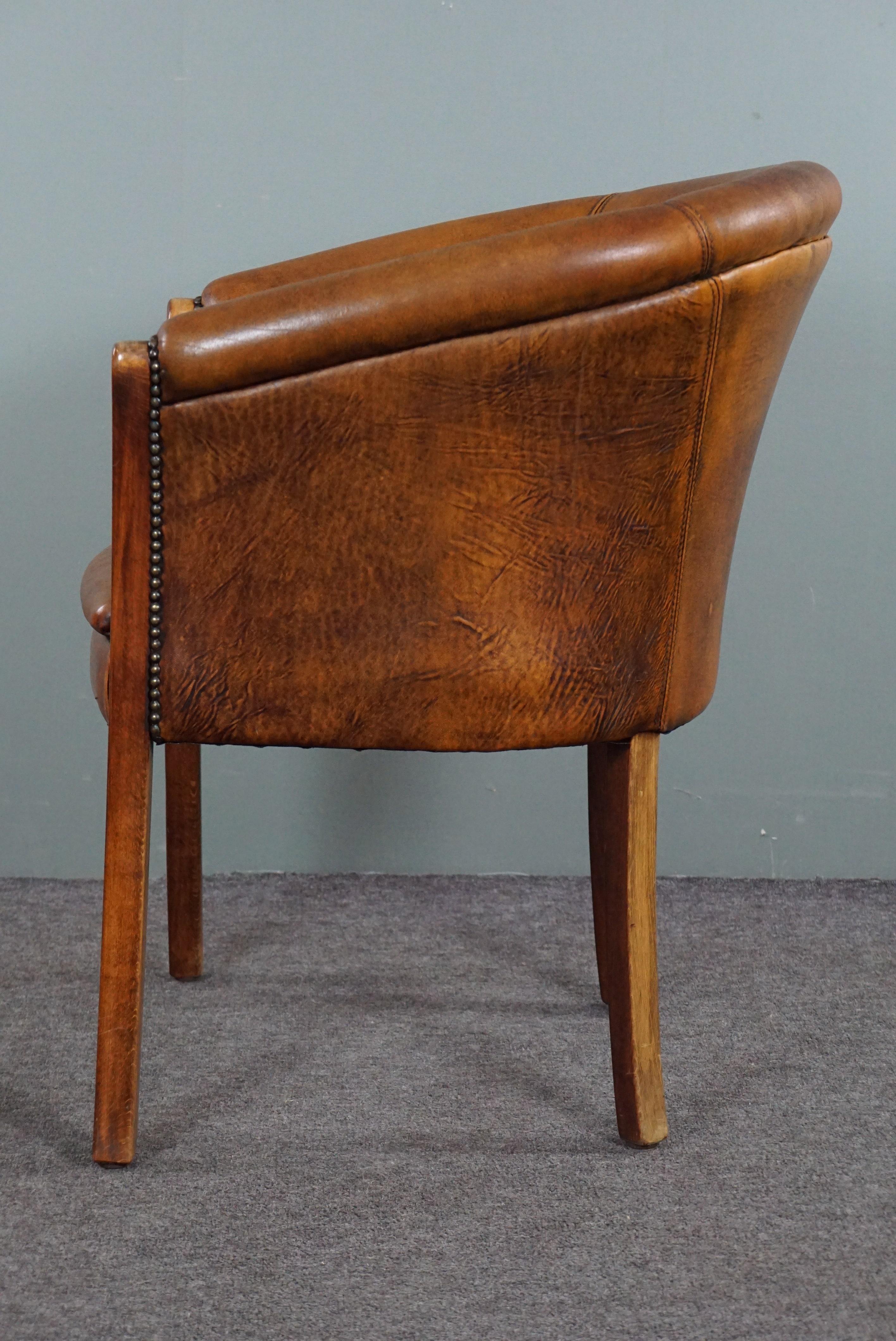Leather Beautifully shaped sheepskin side table/tub chair For Sale