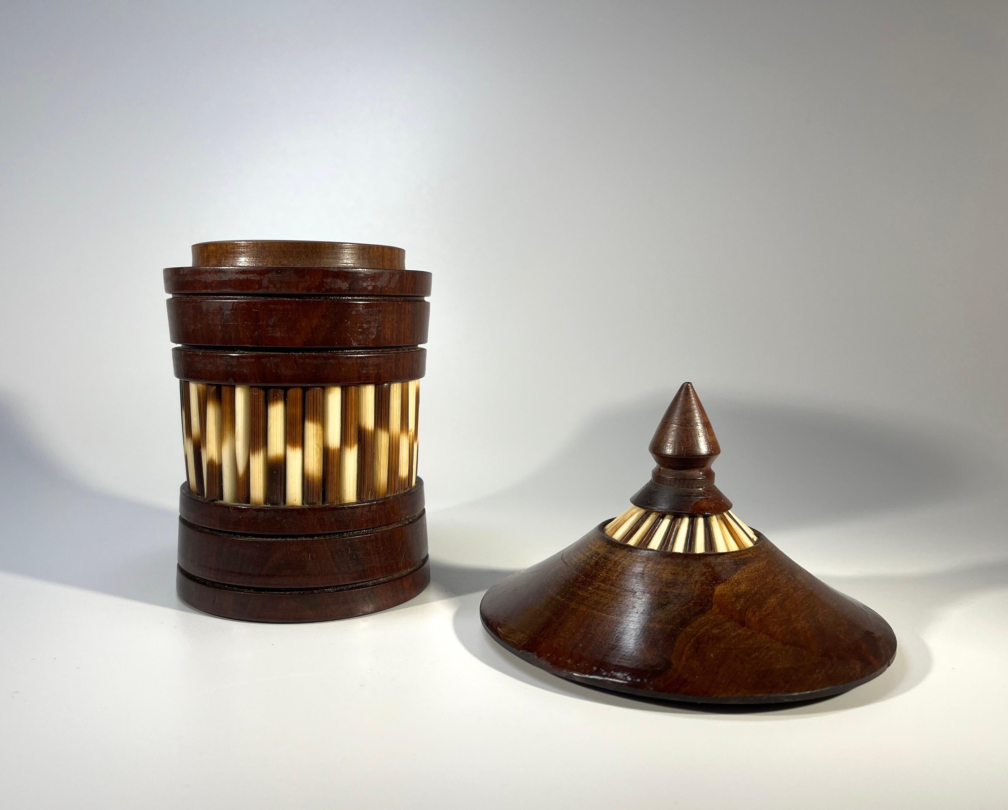 British Colonial Beautifully Styled Ceylonese Porcupine Quill, Lidded Dark Wood Conical Pot For Sale