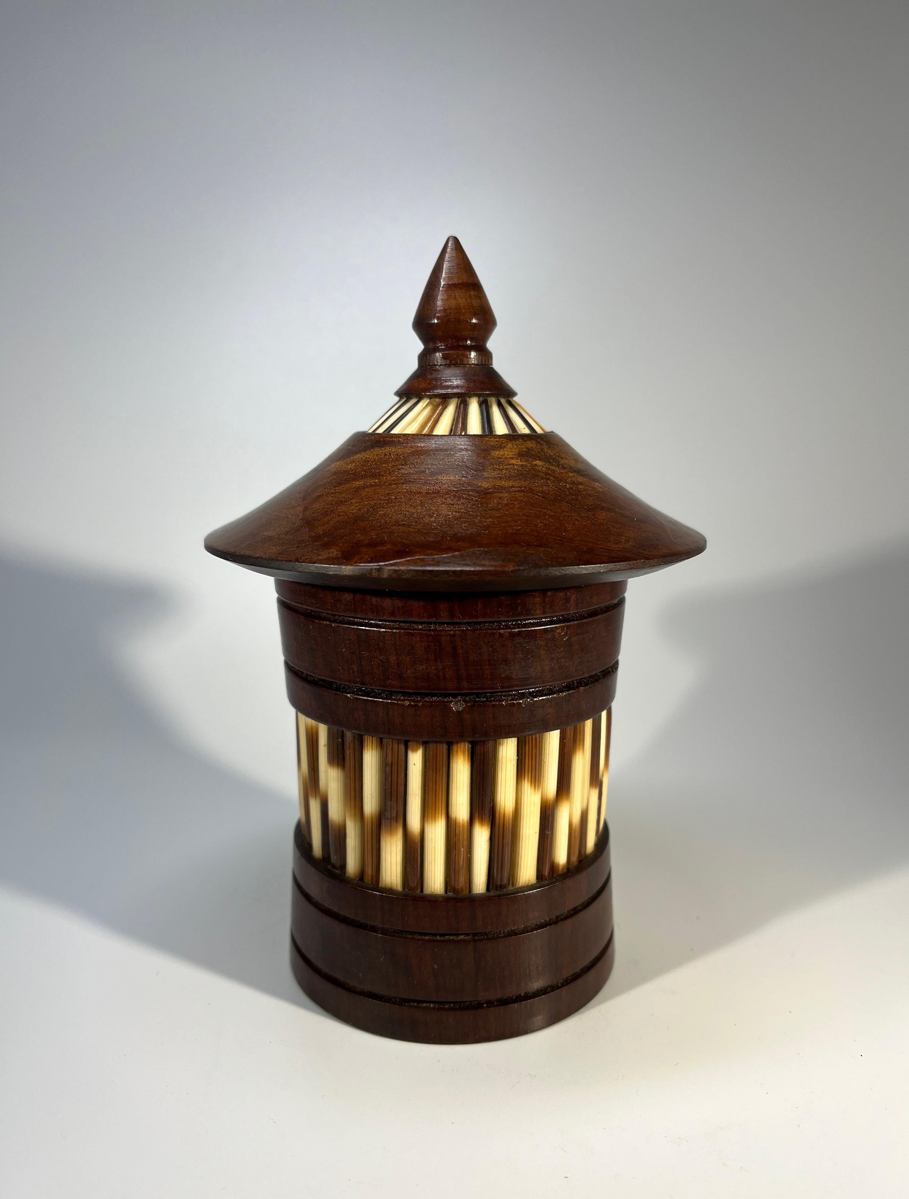 Hardwood Beautifully Styled Ceylonese Porcupine Quill, Lidded Dark Wood Conical Pot For Sale