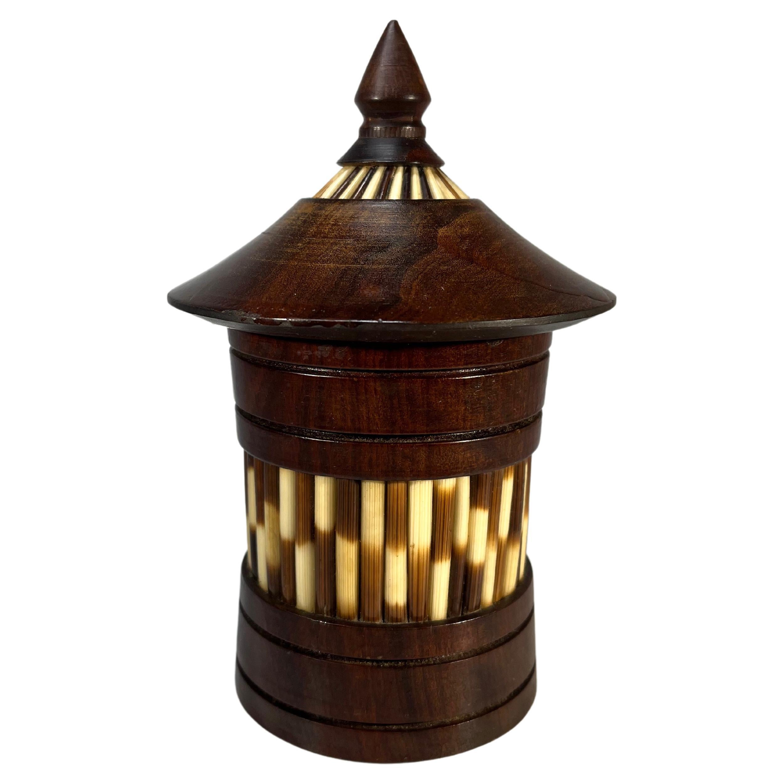 Beautifully Styled Ceylonese Porcupine Quill, Lidded Dark Wood Conical Pot For Sale