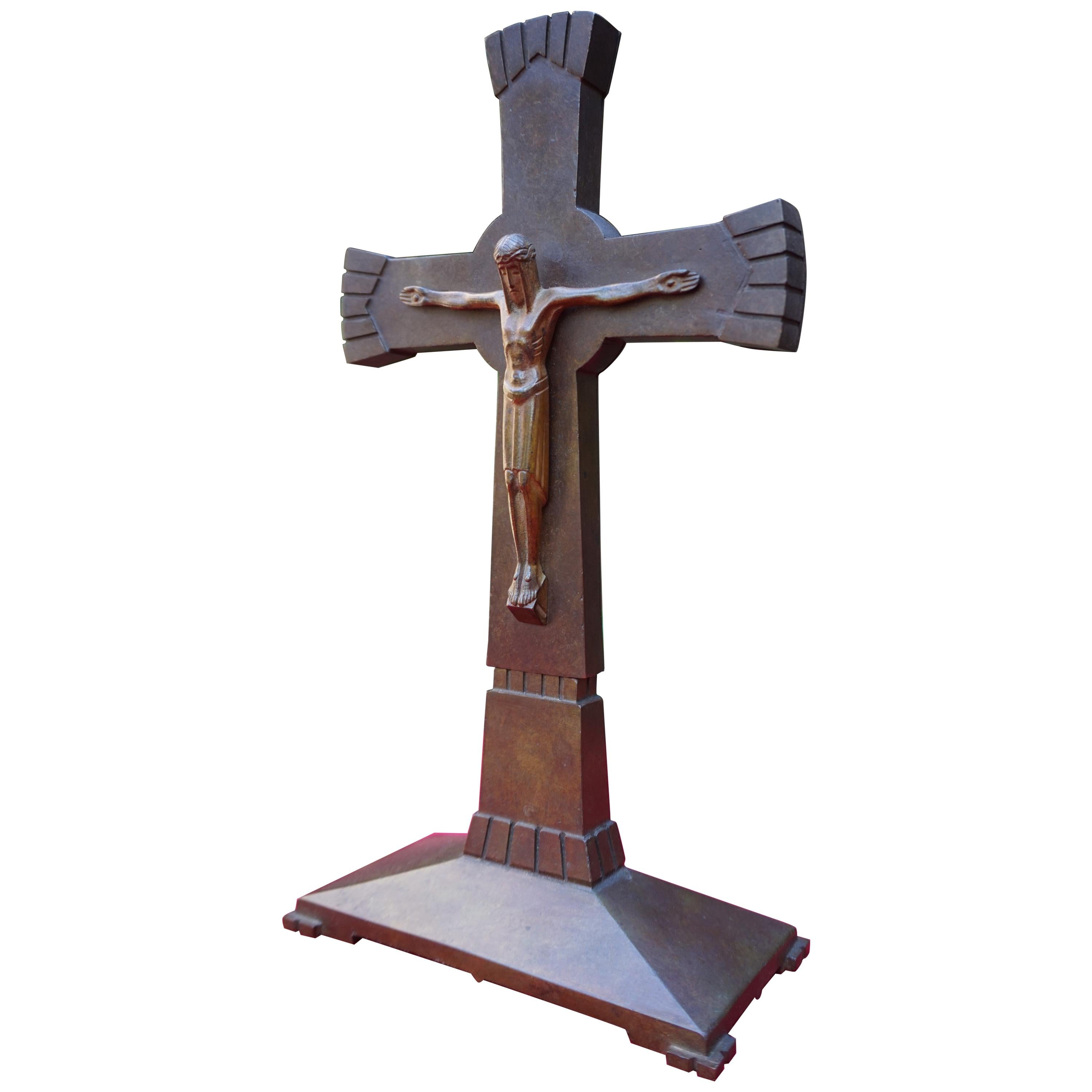 Beautifully Stylized & Great Condition Bronze Art Deco Crucifix w. Maker's Marks