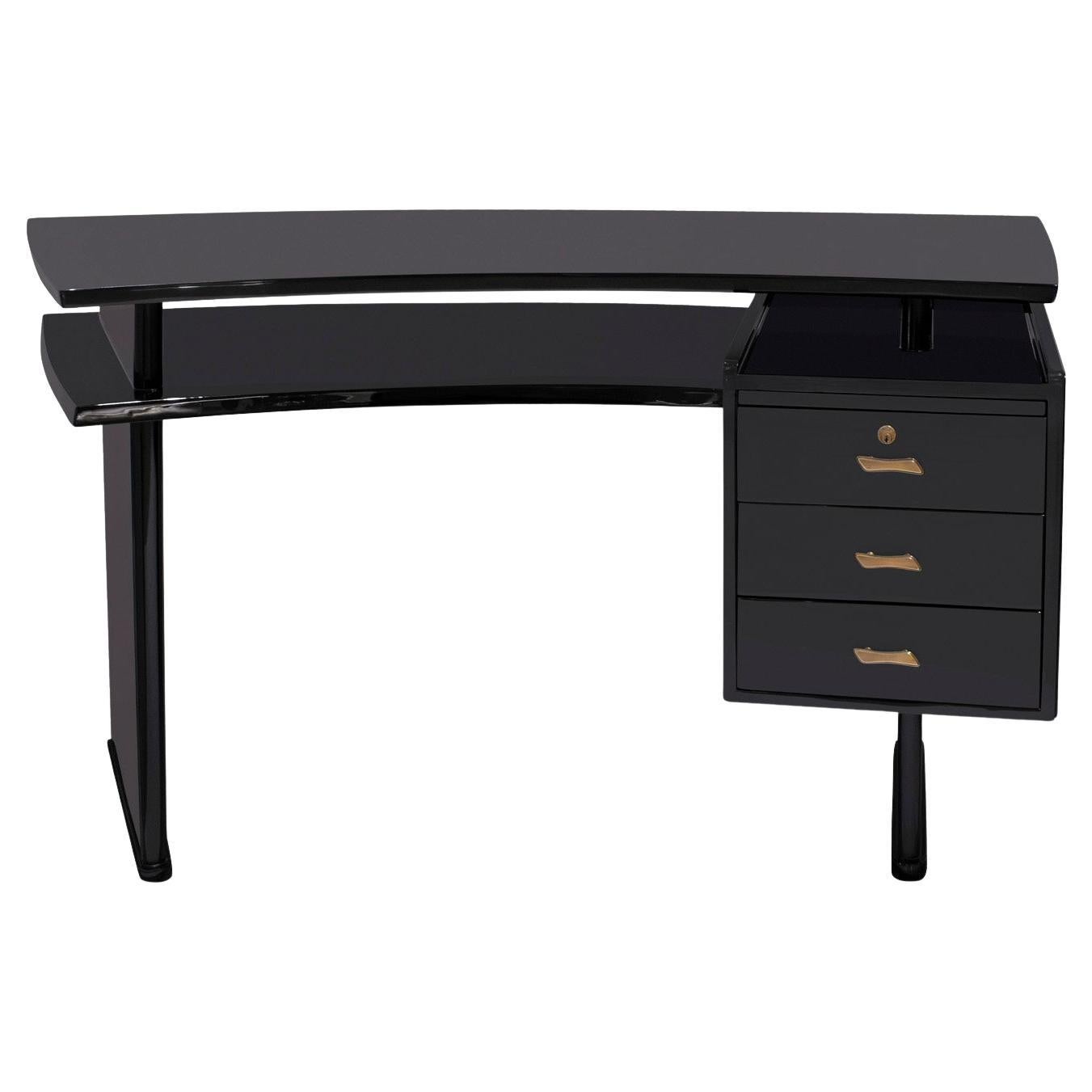 Beautifully Tailored French Desk in Black Lacquer with Brass Pulls 1940s