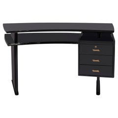 Beautifully Tailored French Desk in Black Lacquer with Brass Pulls 1940s