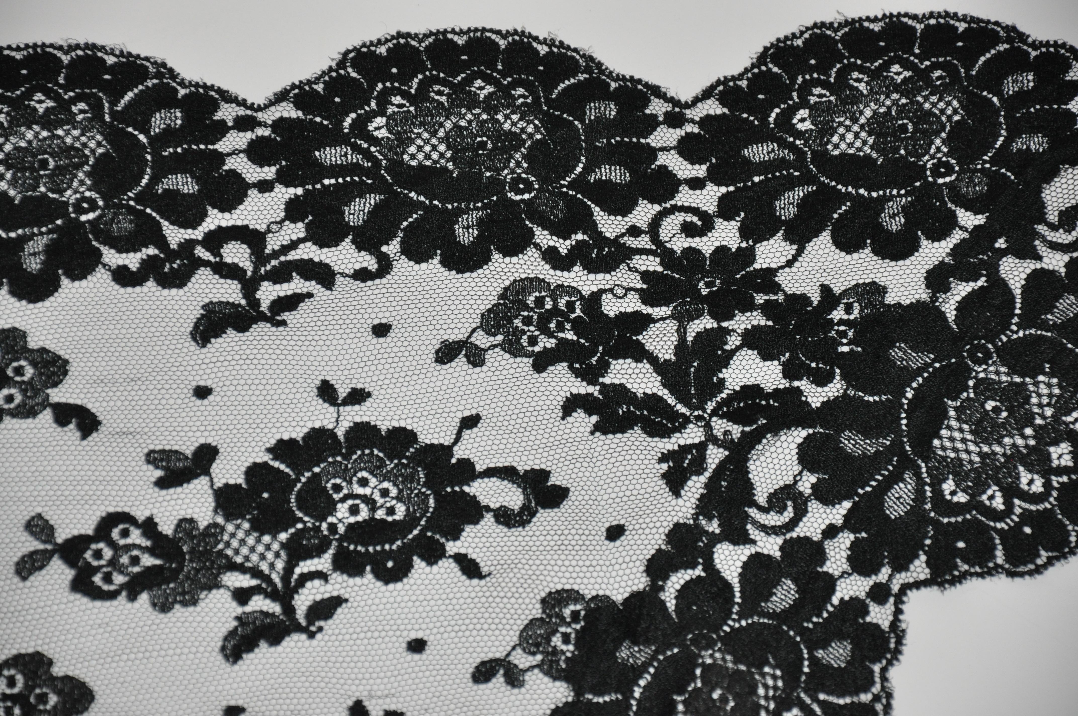 Beautifully Thick Bold Floral Netted Black Scarf with Large Floral Scallop Edges For Sale 1