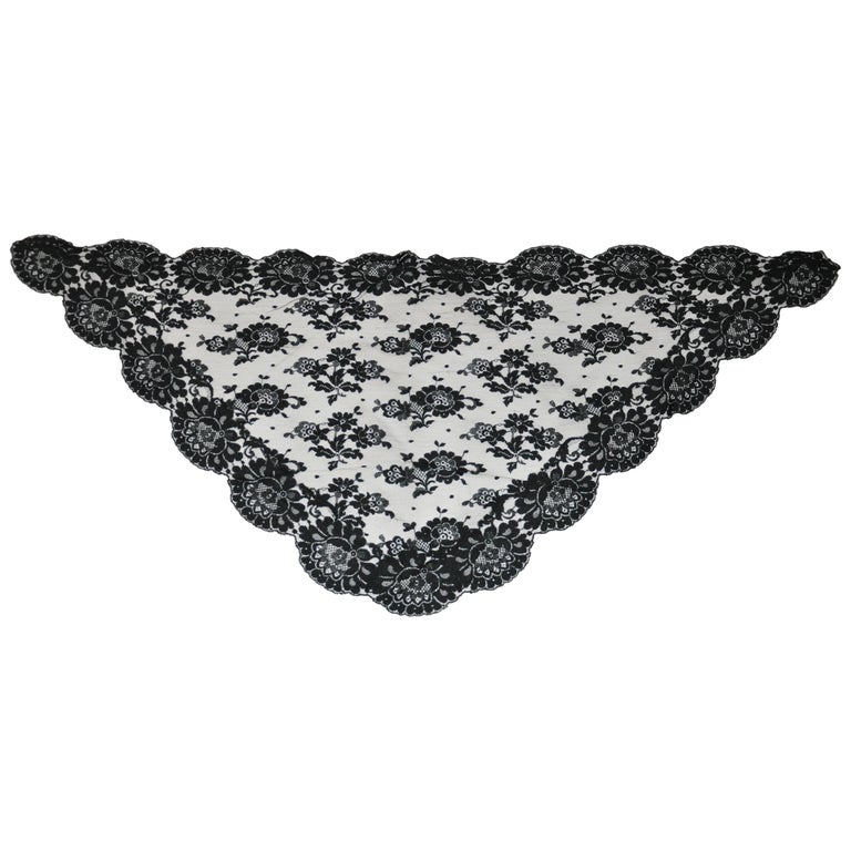 Beautifully Thick Bold Floral Netted Black Scarf with Large Floral Scallop Edges For Sale