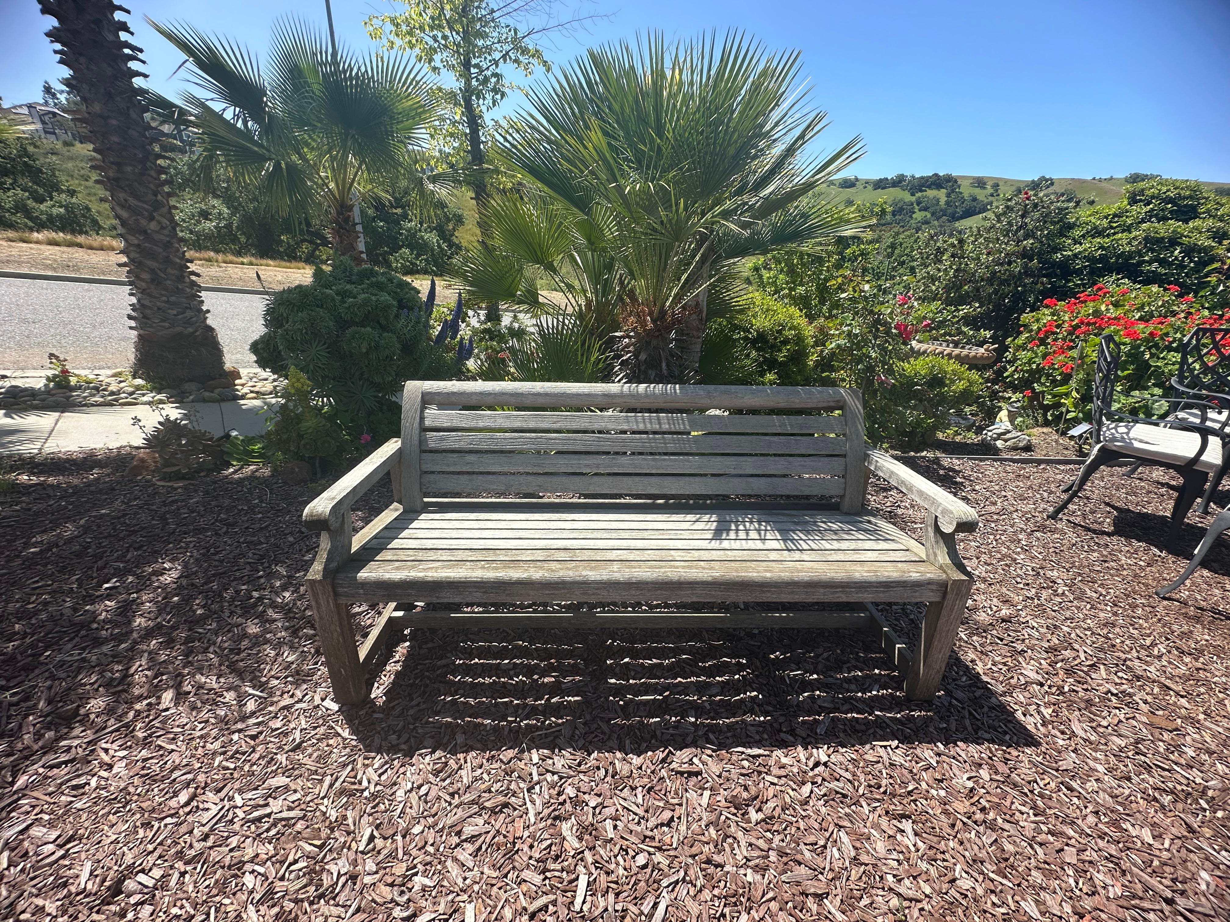 A beautifully weathered heavy duty park bench by Summit furniture manufacturing
In great condition
Beautiful focal point piece
Great for any location 
Very thick pieces
72” length 
Made in 2009
Marked 