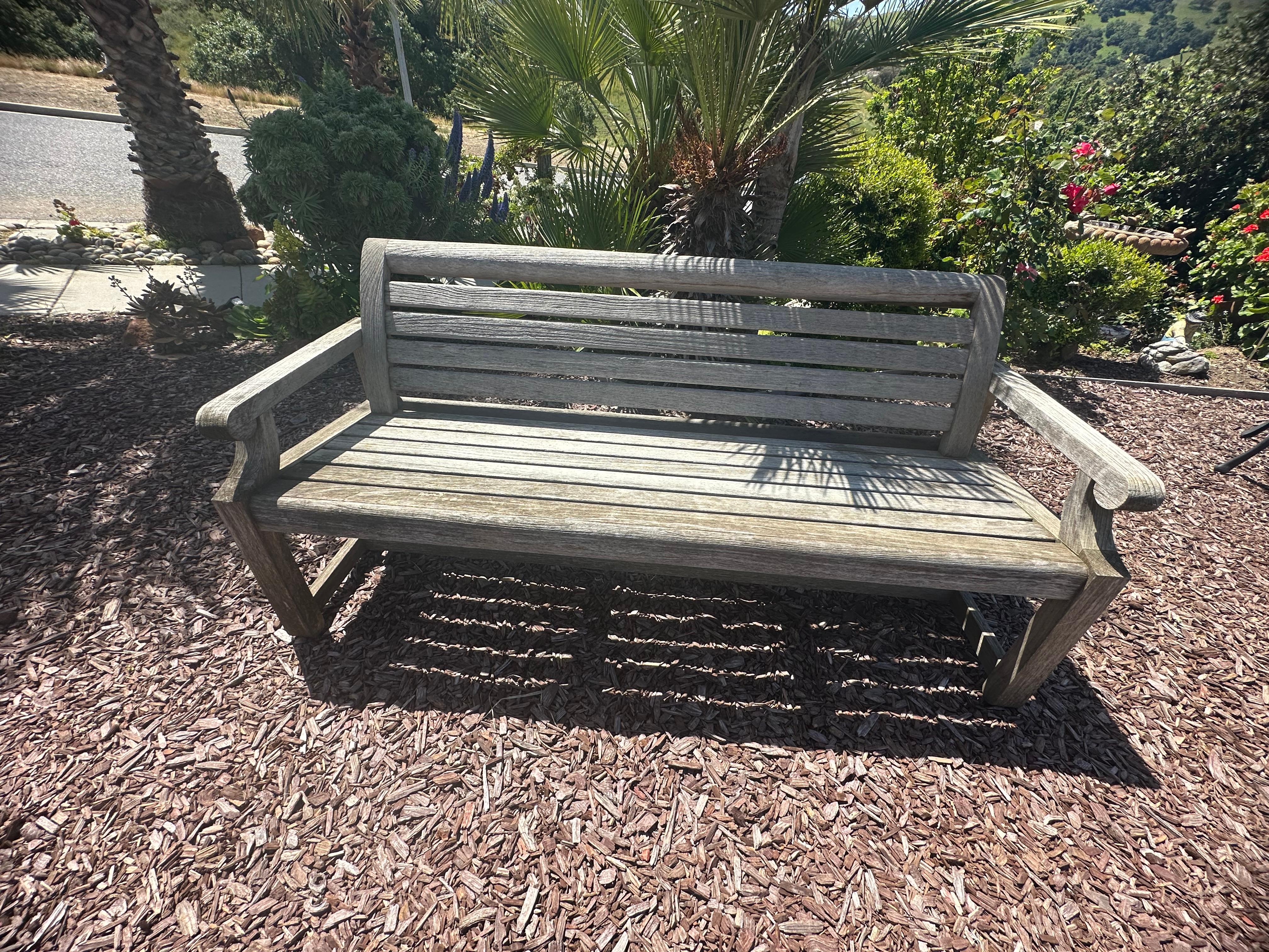 American Classical Beautifully weathered Teak park bench from Summit Furniture, 72” , very heavy For Sale