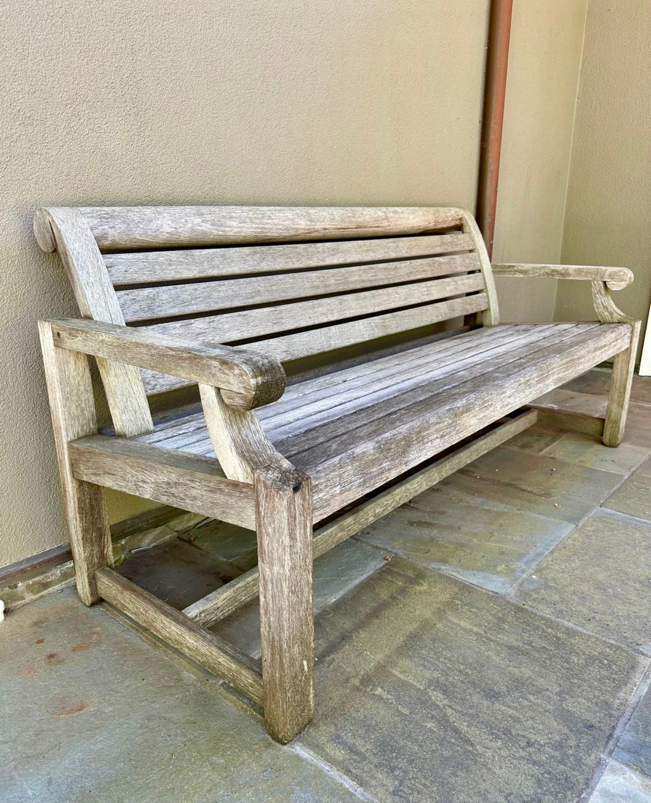 Hand-Crafted Beautifully weathered Teak park bench from Summit Furniture, 72” , very heavy For Sale