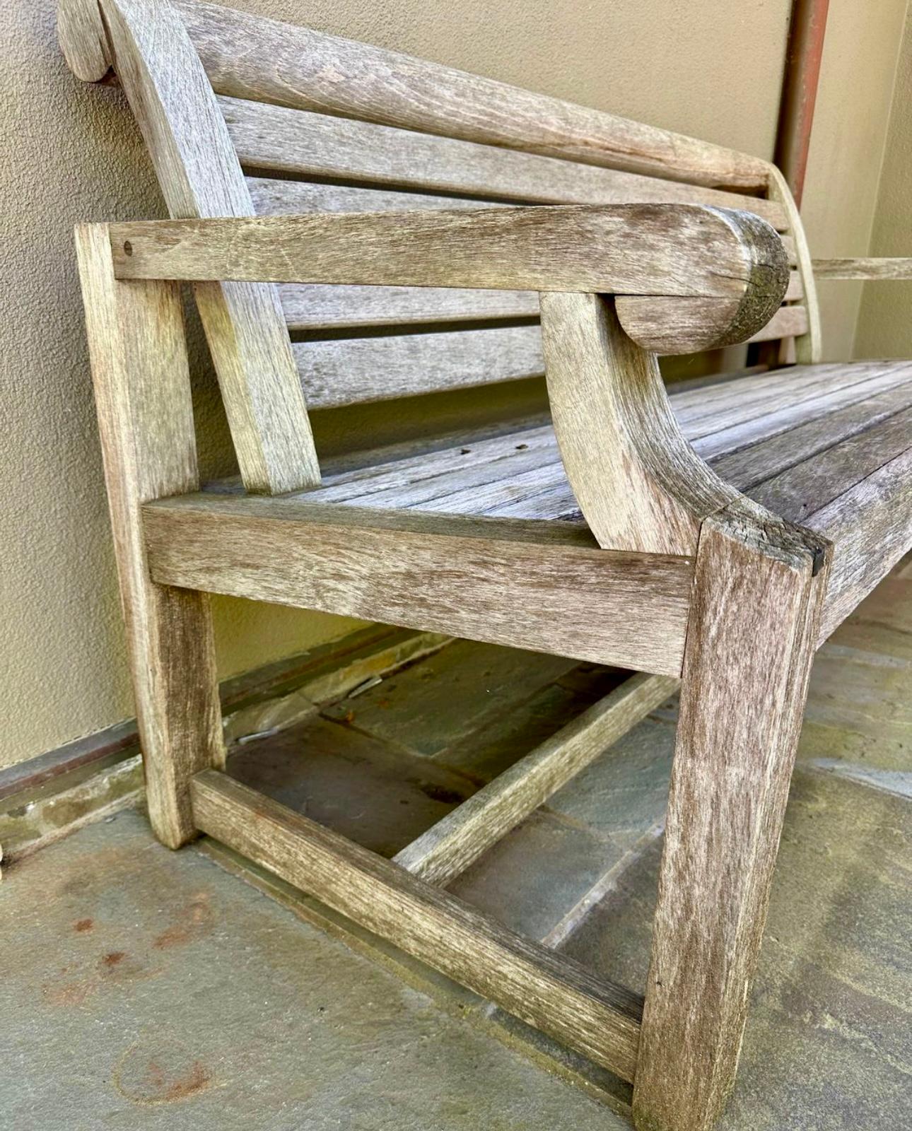 Beautifully weathered Teak park bench from Summit Furniture, 72” , very heavy In Good Condition For Sale In San Jose, CA
