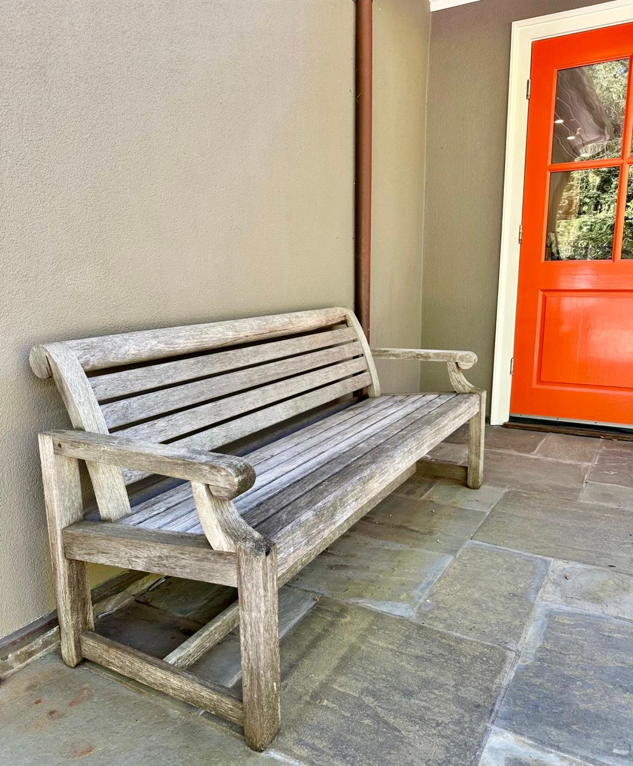Beautifully weathered Teak park bench from Summit Furniture, 72” , very heavy For Sale 1