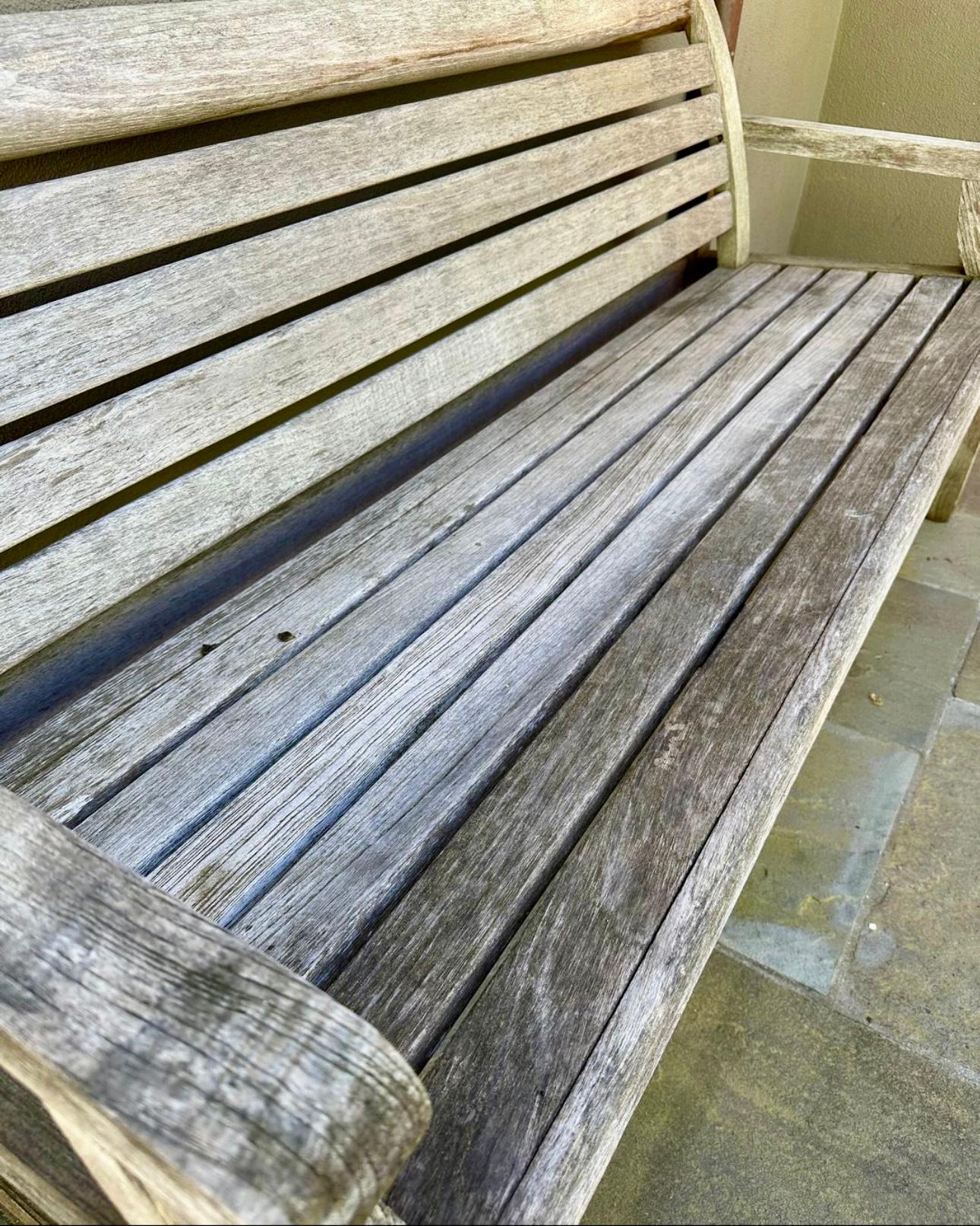 Beautifully weathered Teak park bench from Summit Furniture, 72” , very heavy For Sale 2