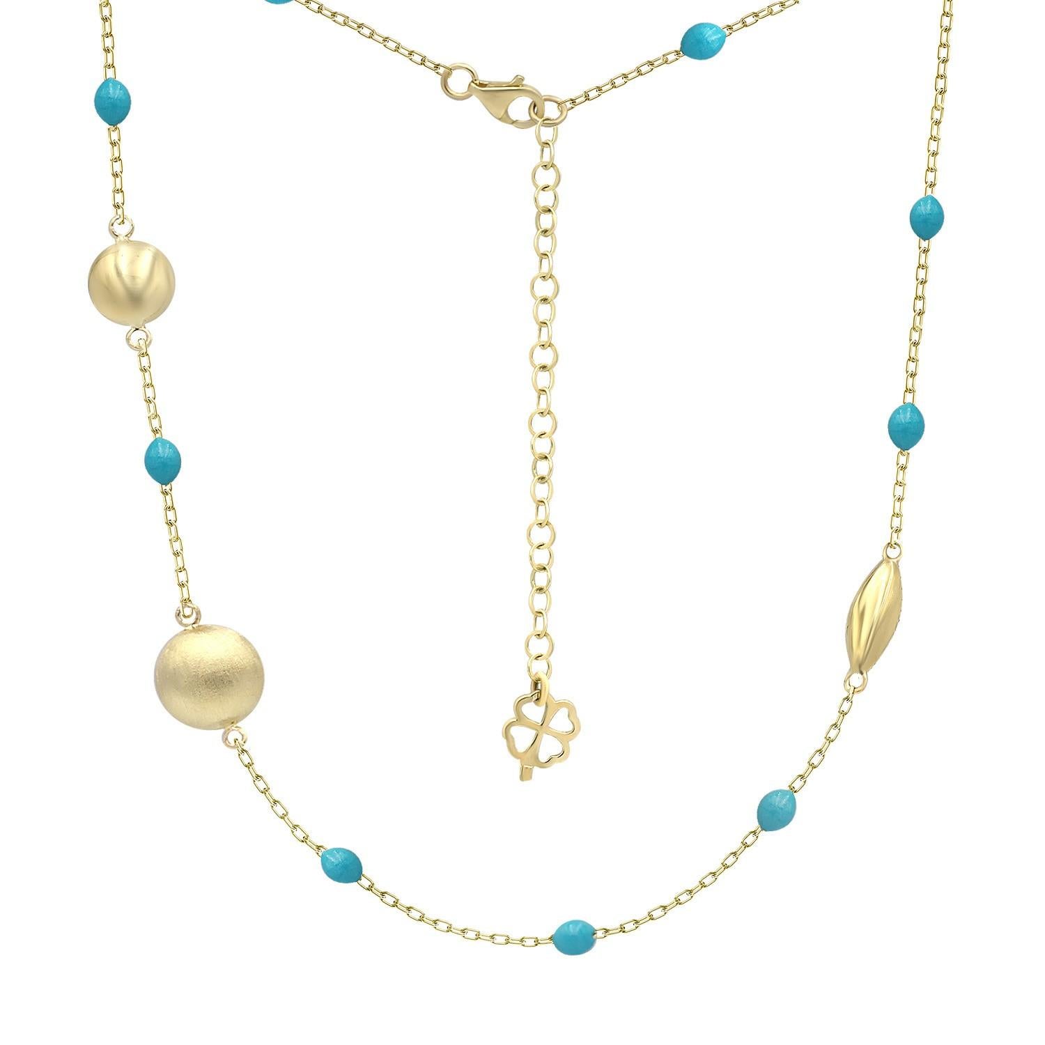 Women's Beautiful Yellow Gold Blue Enamel 14 Karat Sautoir Long Necklace For Sale