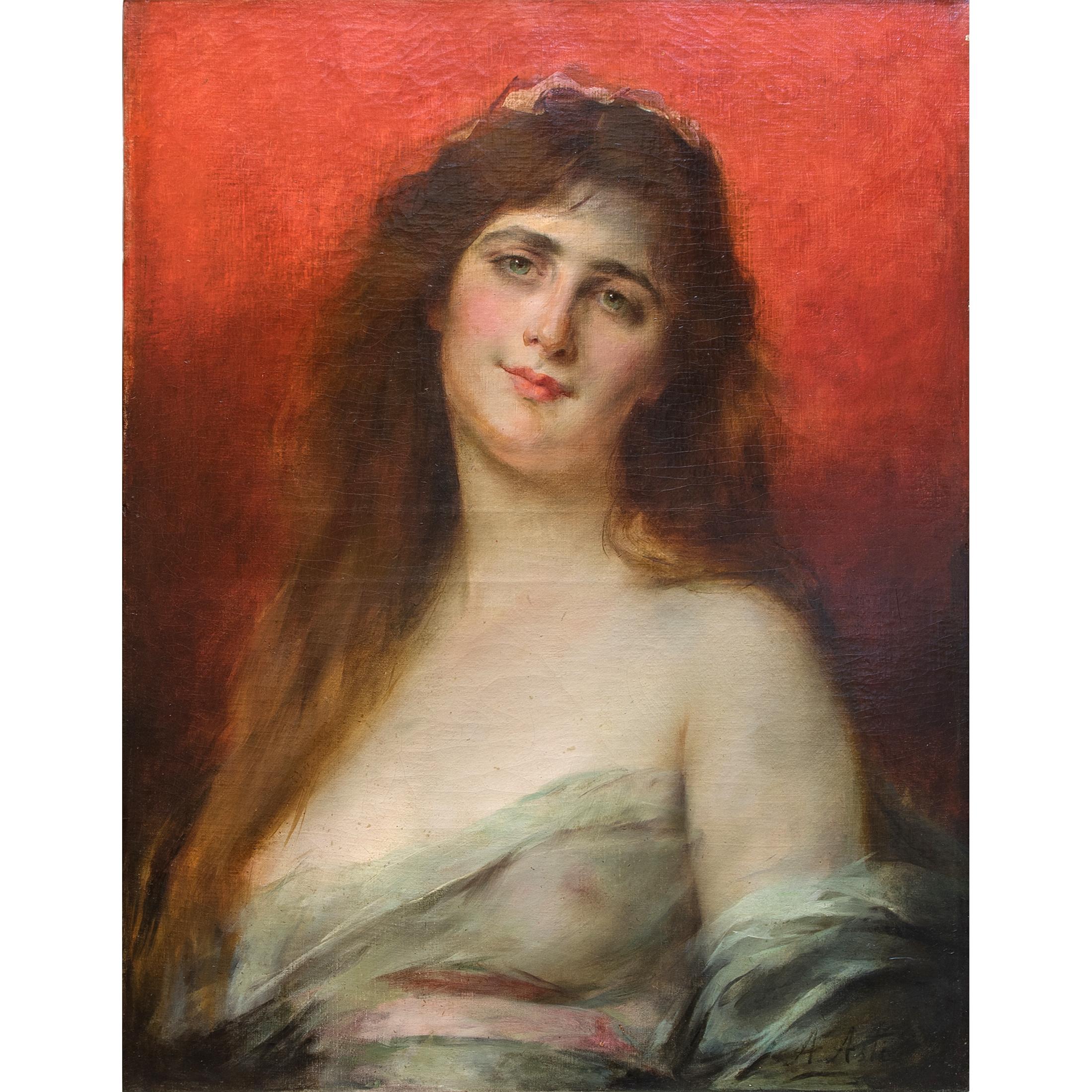 Beauty in Diaphanous Gown by Angelo Asti 
Title: Beauty in Diaphanous Gown
Artist: Angelo Asti (1847-1903)
Origin: Italian
Medium: Oil on canvas
Signature: Signed 