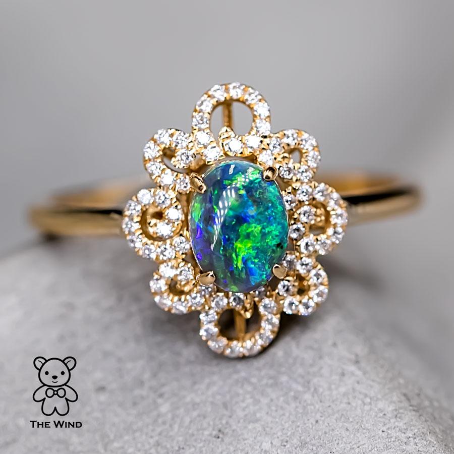 Brilliant Cut Beauty of Swirls - Black Opal Diamond Engagement Ring 18K Yellow Gold For Sale