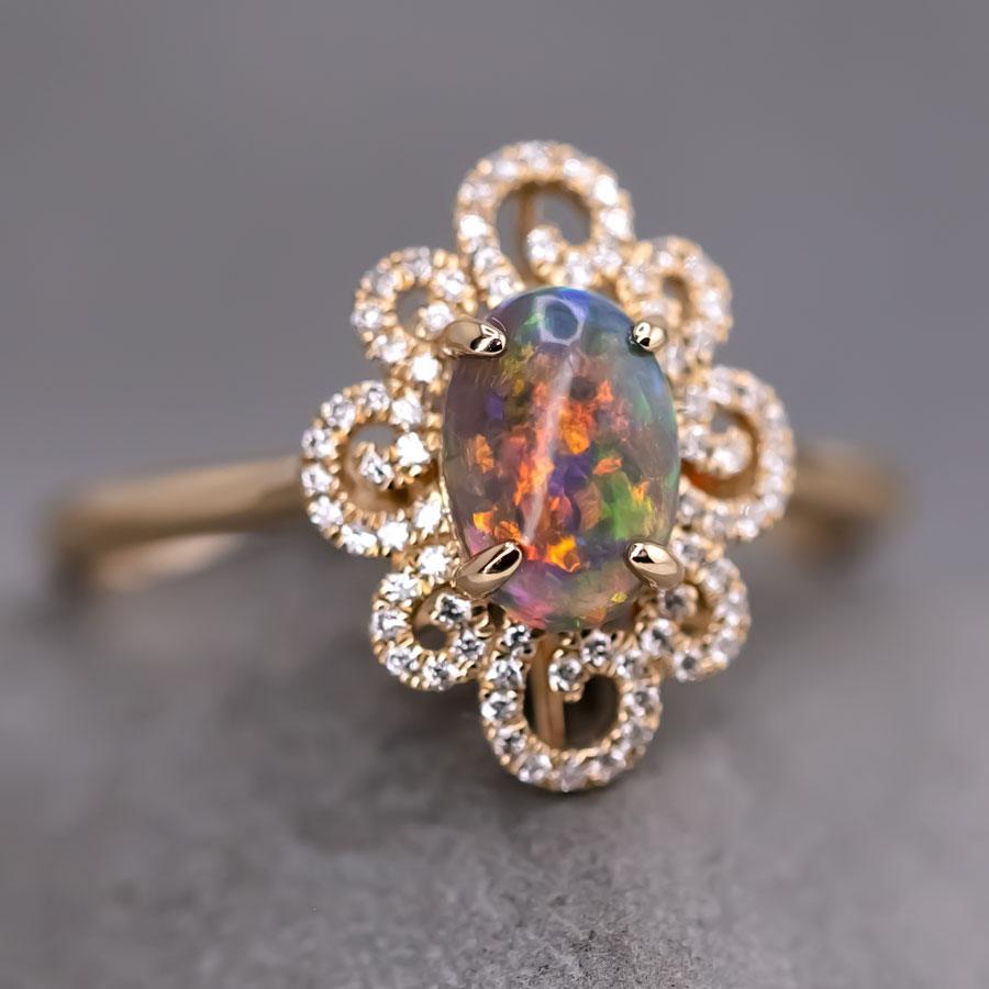 Brilliant Cut Beauty of Swirls - Black Opal Diamond Engagement Ring 18K Yellow Gold