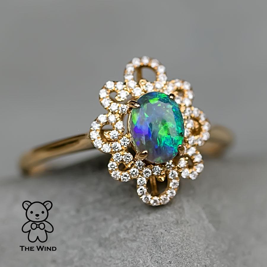 Beauty of Swirls - Black Opal Diamond Engagement Ring 18K Yellow Gold In New Condition For Sale In Suwanee, GA