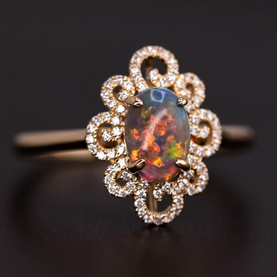 Beauty of Swirls - Black Opal Diamond Engagement Ring 18K Yellow Gold In New Condition In Suwanee, GA