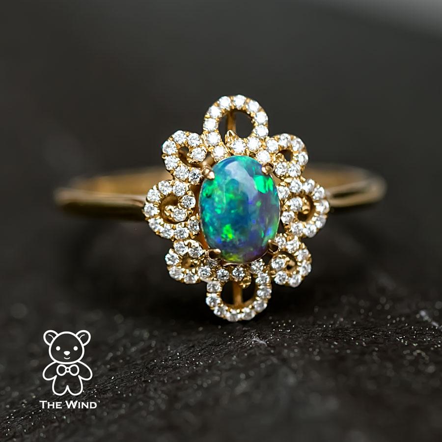 Women's Beauty of Swirls - Black Opal Diamond Engagement Ring 18K Yellow Gold For Sale