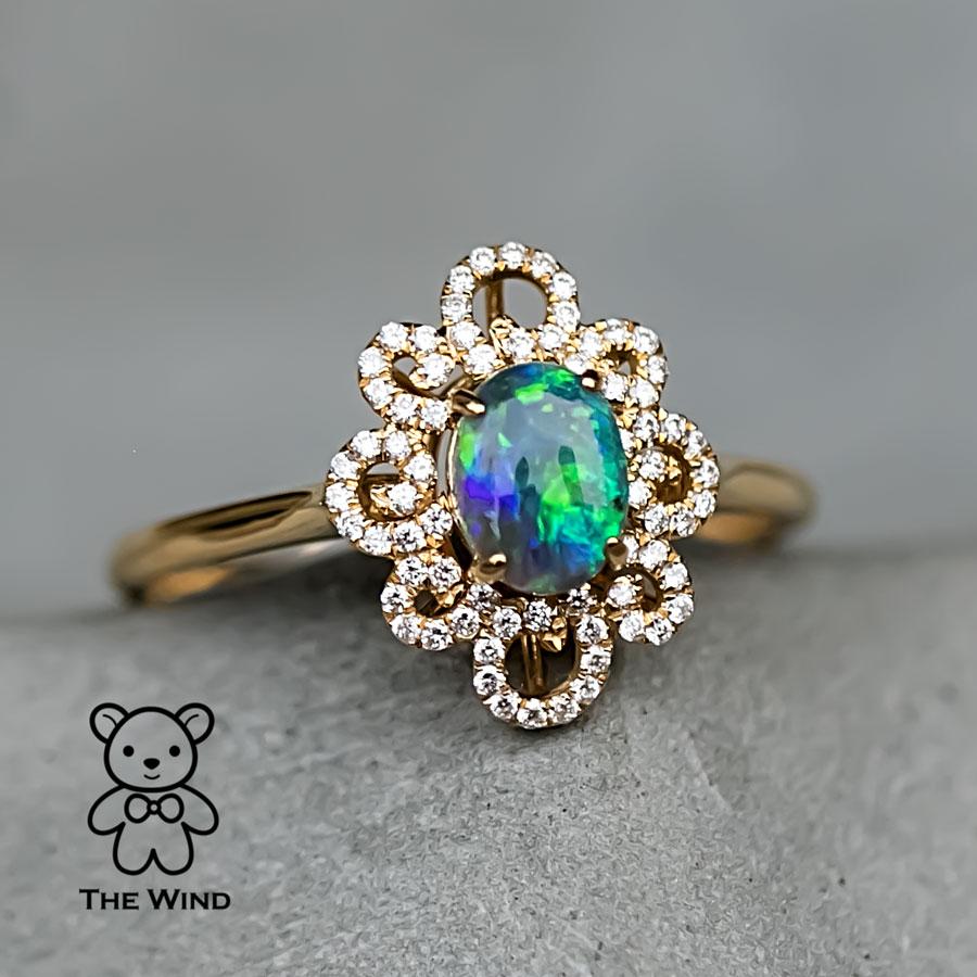 Beauty of Swirls - Black Opal Diamond Engagement Ring 18K Yellow Gold For Sale 1