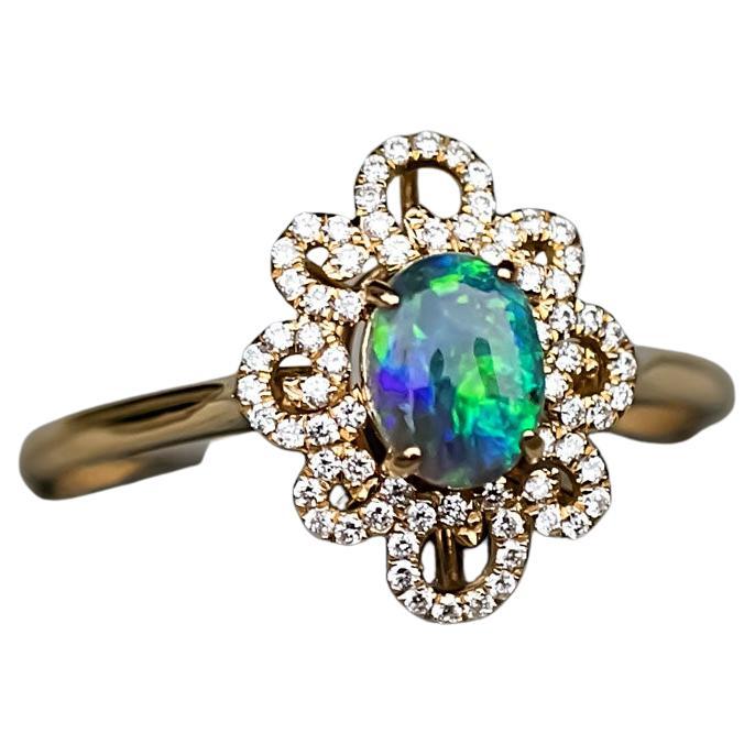 Beauty of Swirls - Black Opal Diamond Engagement Ring 18K Yellow Gold For Sale