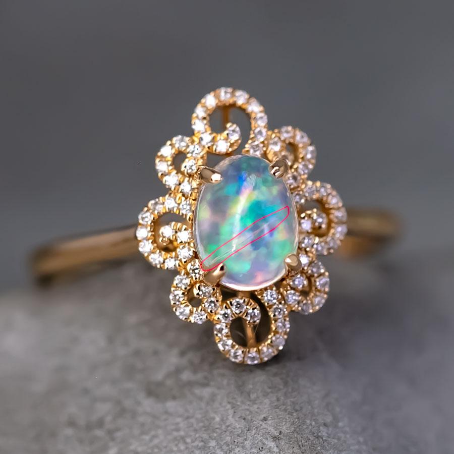 Arts and Crafts Beauty of Swirls - Fire Opal Diamond Engagement Ring 18K Yellow Gold For Sale