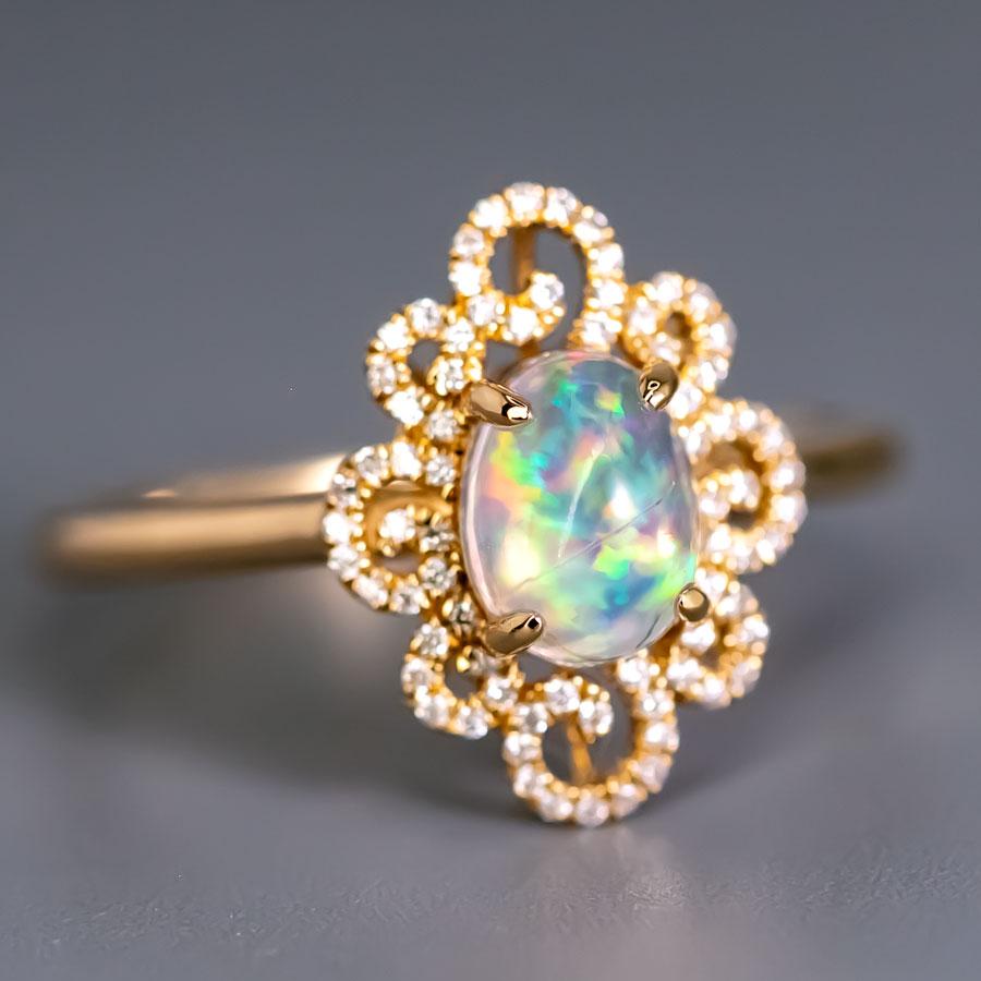 Brilliant Cut Beauty of Swirls - Fire Opal Diamond Engagement Ring 18K Yellow Gold For Sale