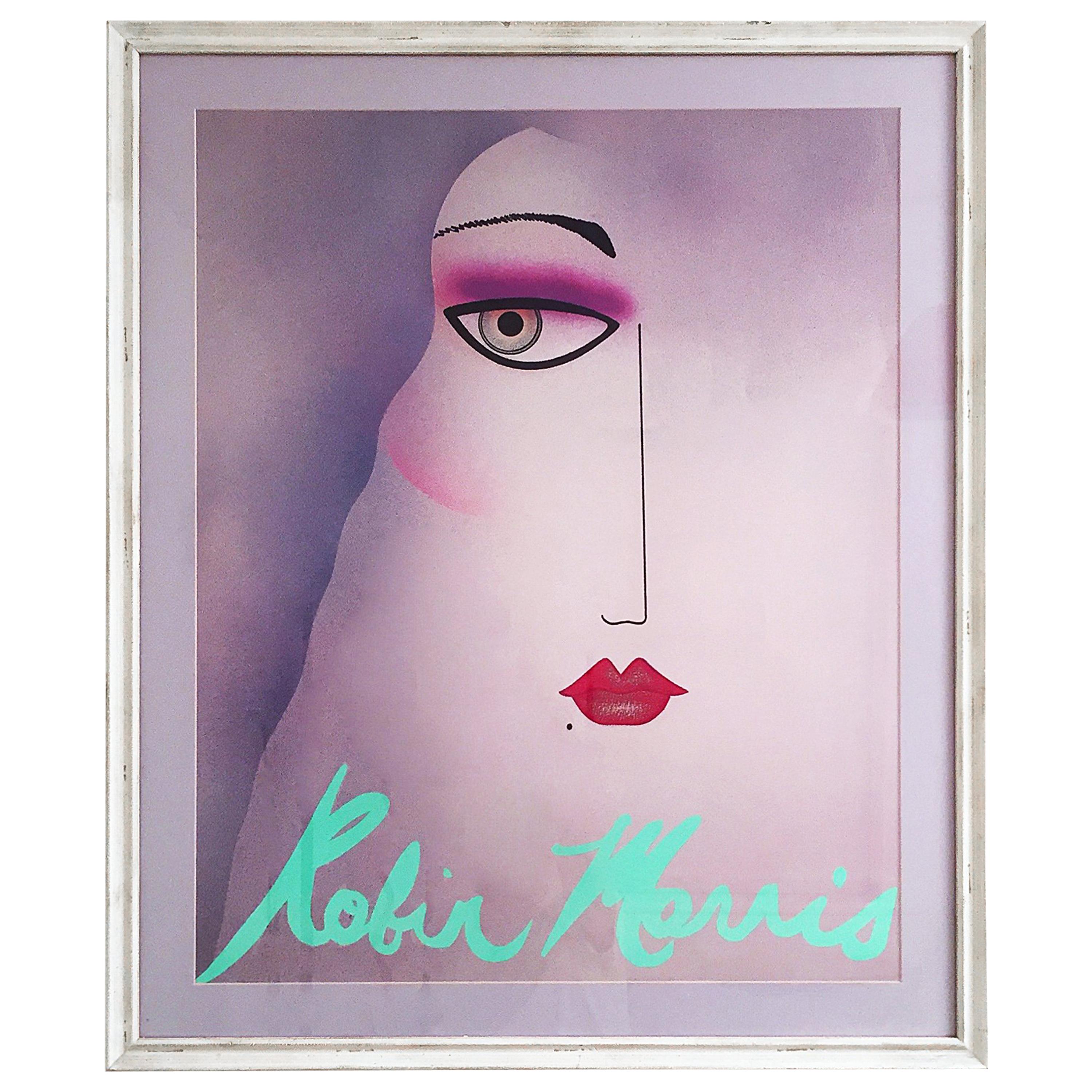 Robin Morris Beauty Illustration Portrait Poster Art Deco Style 1980s Pink Frame For Sale