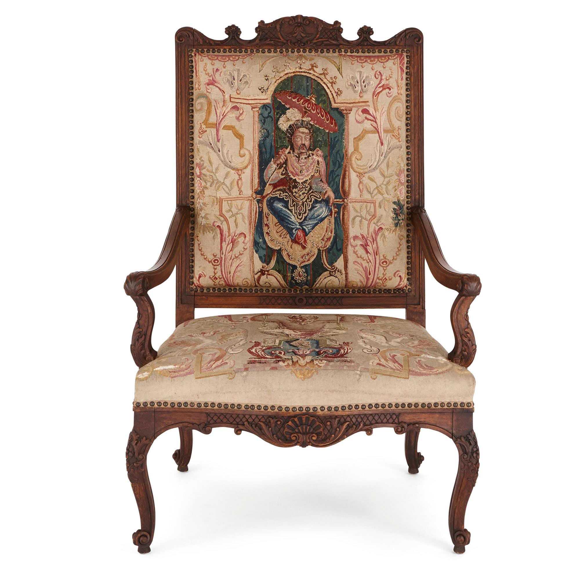 This five-piece furniture suite is an elegant piece of early 18th-century French design. The suite, which is comprised of a canapé (sofa) and four fauteuils (armchairs), is crafted from carved beech wood and Beauvais tapestry. 

Beauvais in France