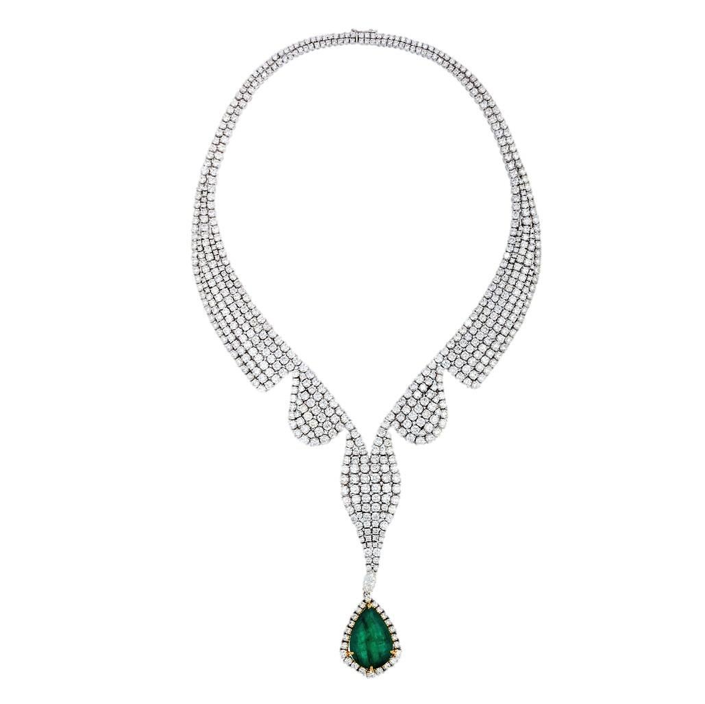 The Love Suite is a statement luxury set of necklace and over-sized earrings bound to become the center of attention in any setting.

Gemstones Type: Emerald 
Gemstones Shape: Pear Shape 
Gemstones Weight: 52.56 ct (Necklace & Earrings)
Gemstones