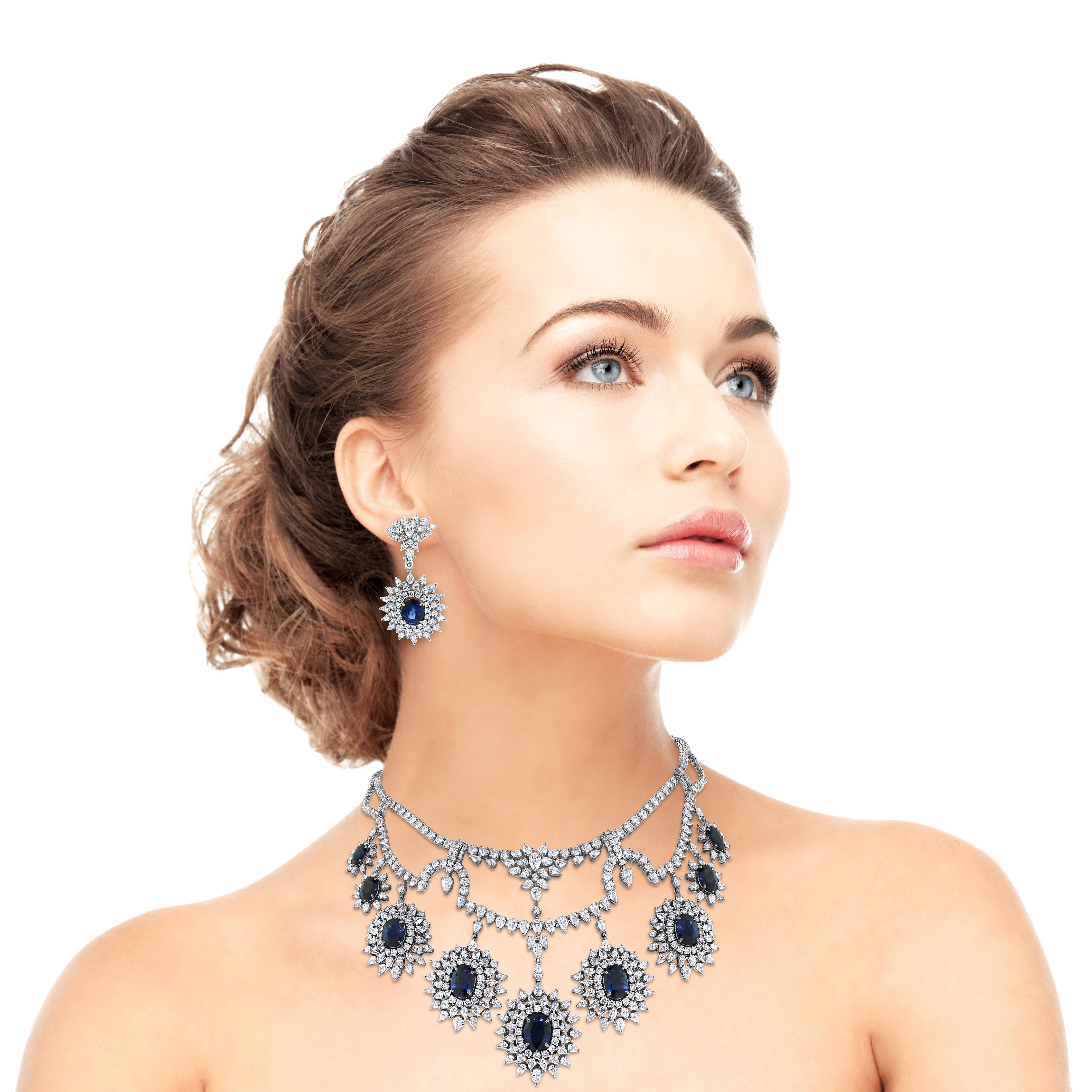 Grand and vivacious, the Atlantis suite has profound allure. Structured like a monument, the necklace sits around the neck with poise and eloquence. The watery color of the sapphires is enchanting and draws one into their luminous depths.

Gemstones
