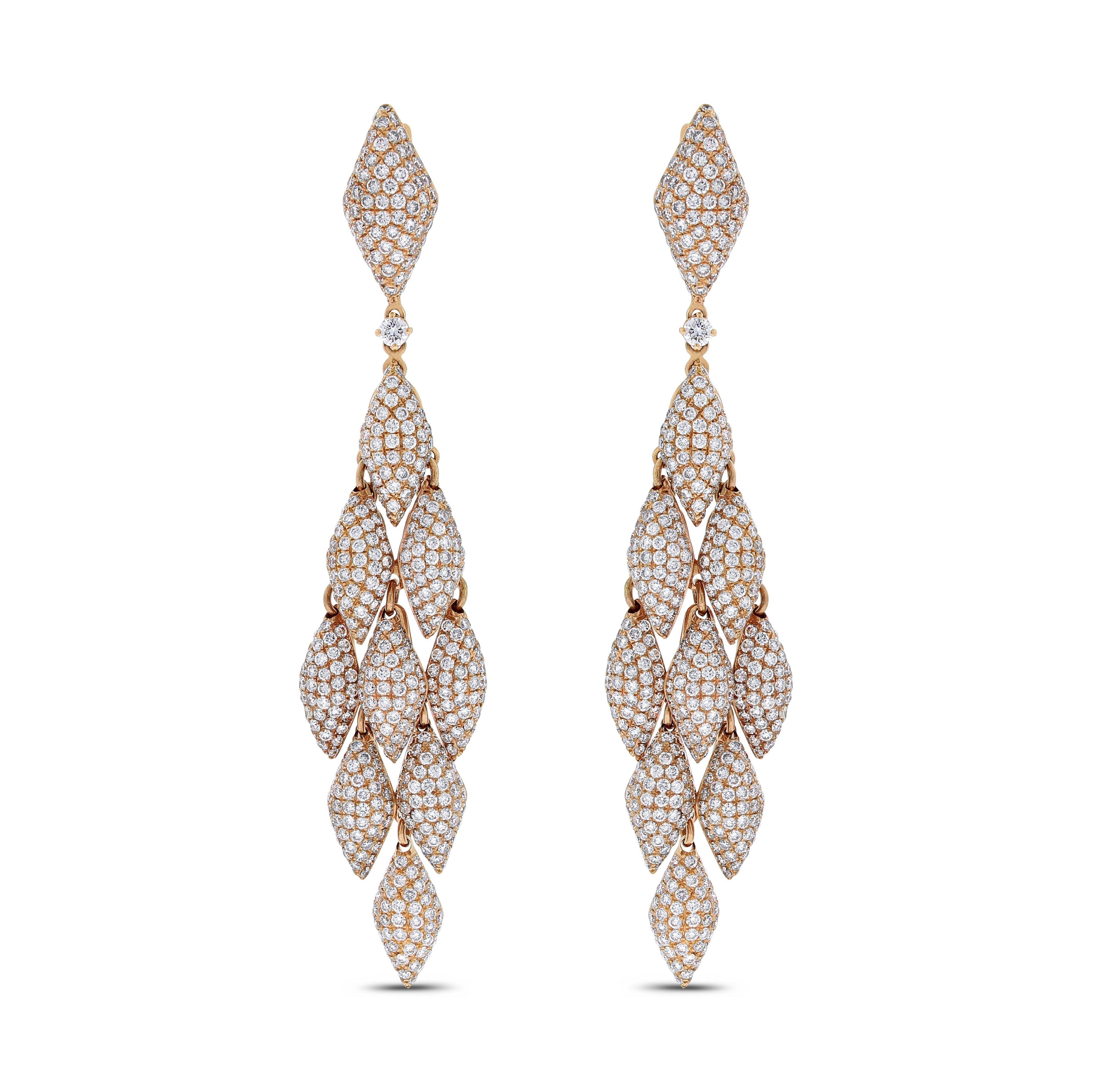 Round Cut Beauvince Autumn Chandelier Diamond Earrings (11.14 ct Diamonds) in Rose Gold For Sale