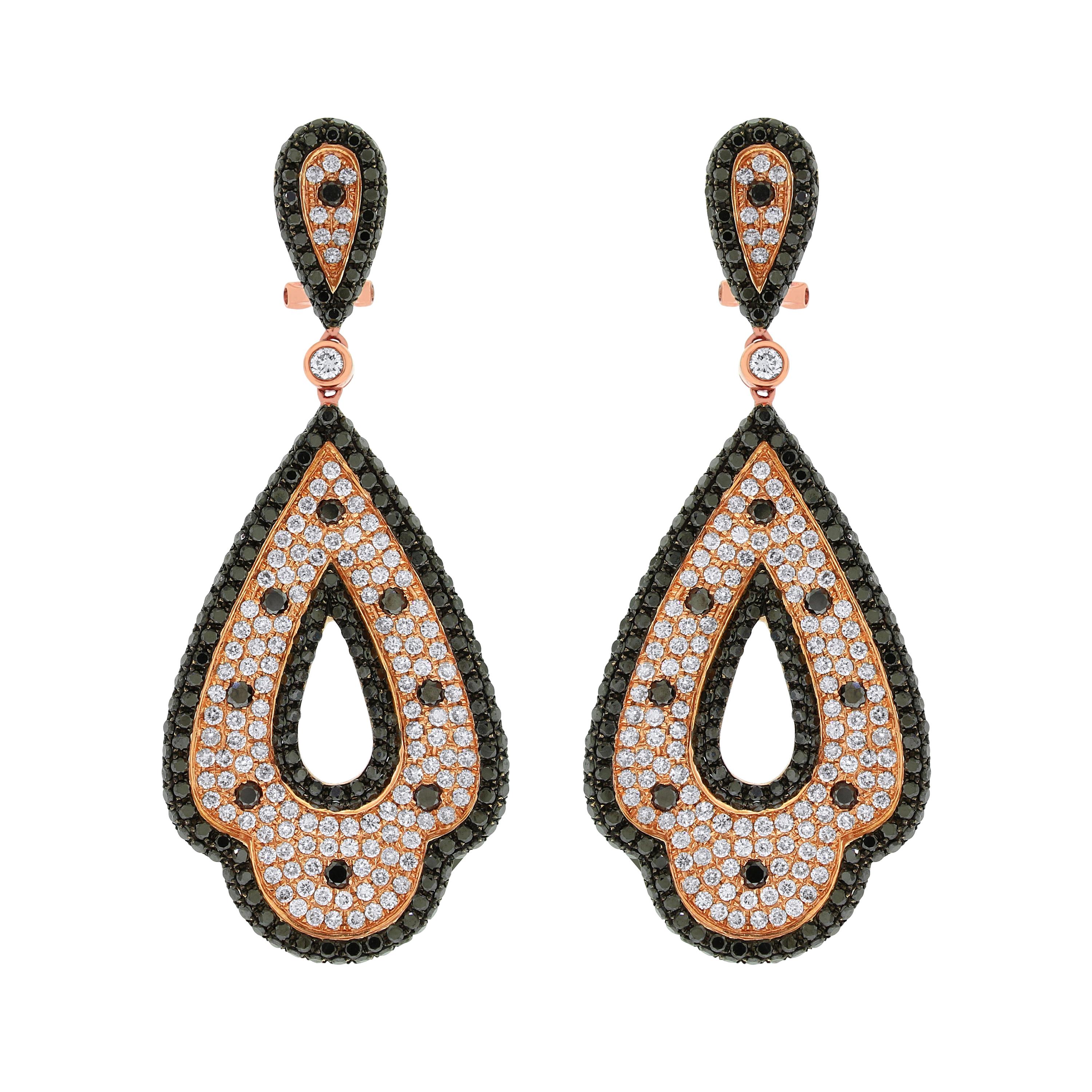 Beauvince Black and White Diamond Large Dangle Earrings in Rose Gold