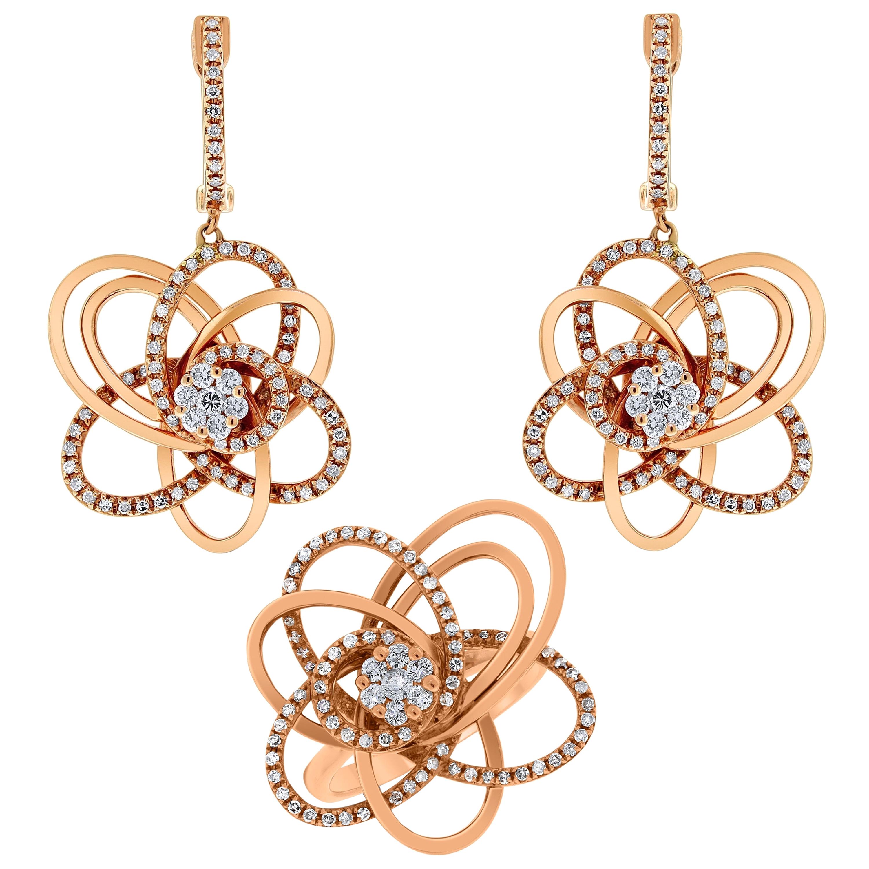 Beauvince Bloom, boucles d'oreilles et bague en or rose avec diamants de 1,35 carat en vente