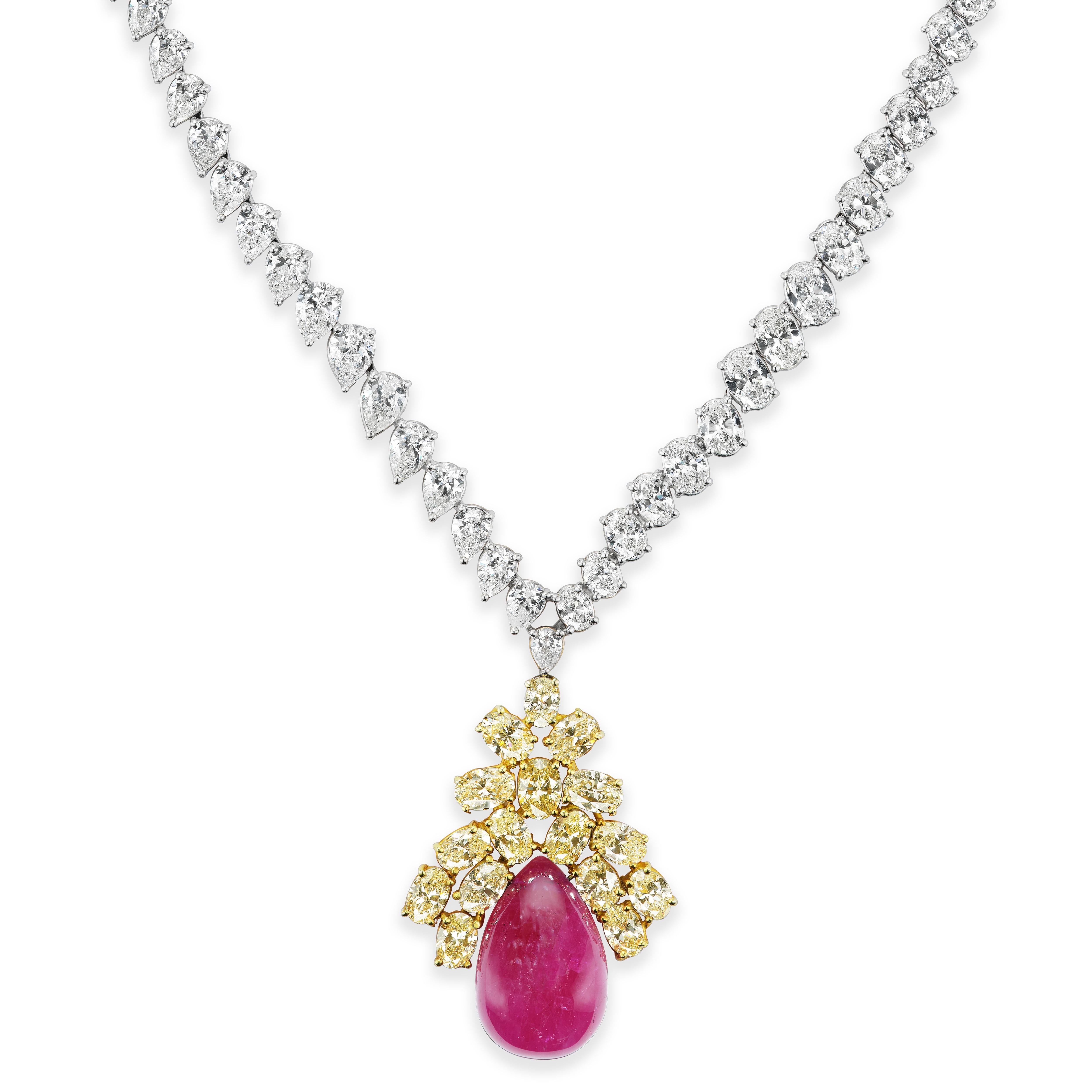 Contemporary Beauvince Bloom Necklace & Earrings Suite (150.45 ct Rubies & Diamonds) in Gold For Sale
