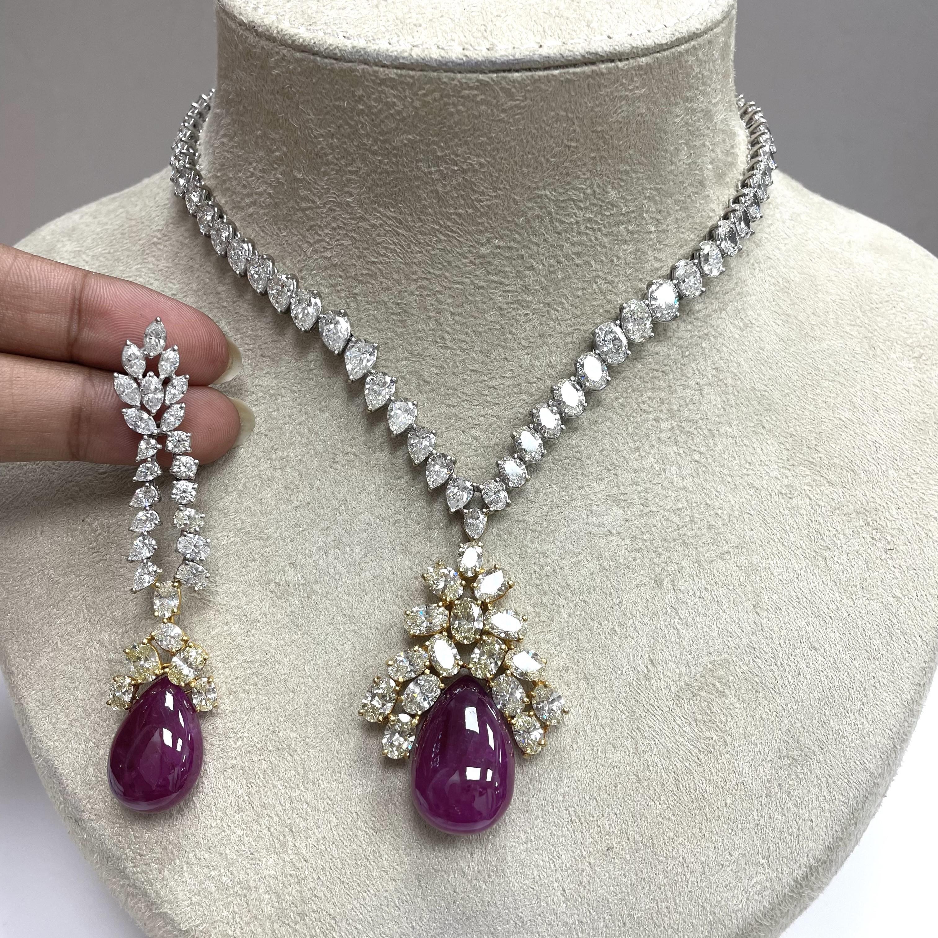 Beauvince Bloom Necklace & Earrings Suite (150.45 ct Rubies & Diamonds) in Gold For Sale 1
