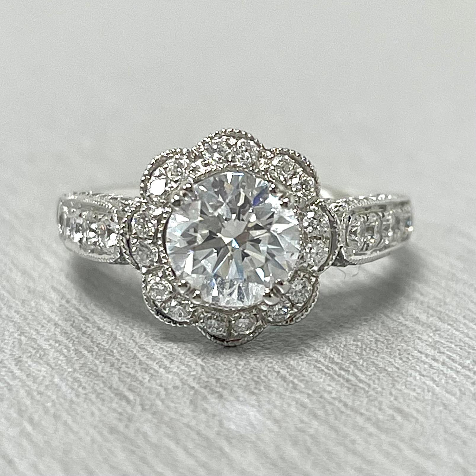 Round Cut Beauvince Blossoms Engagement Ring '1.21 Ct Round GSI2 Diamond' in White Gold For Sale