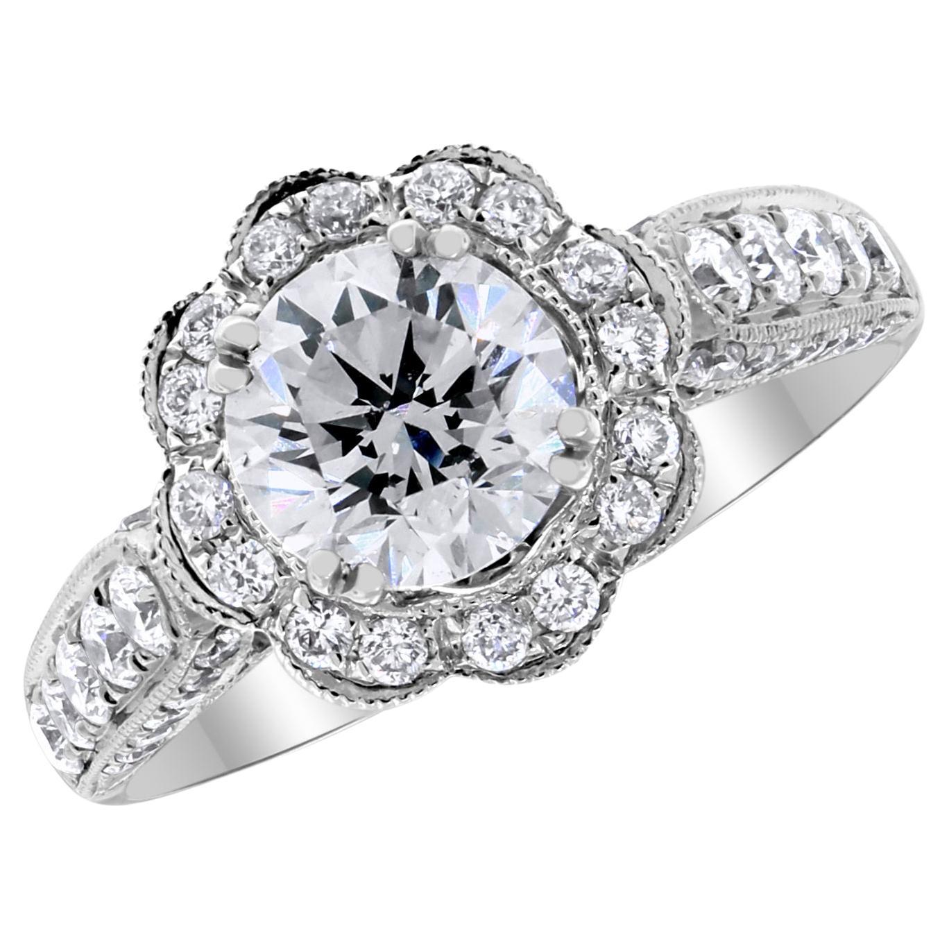 Beauvince Blossoms Engagement Ring '1.21 Ct Round GSI2 Diamond' in White Gold For Sale