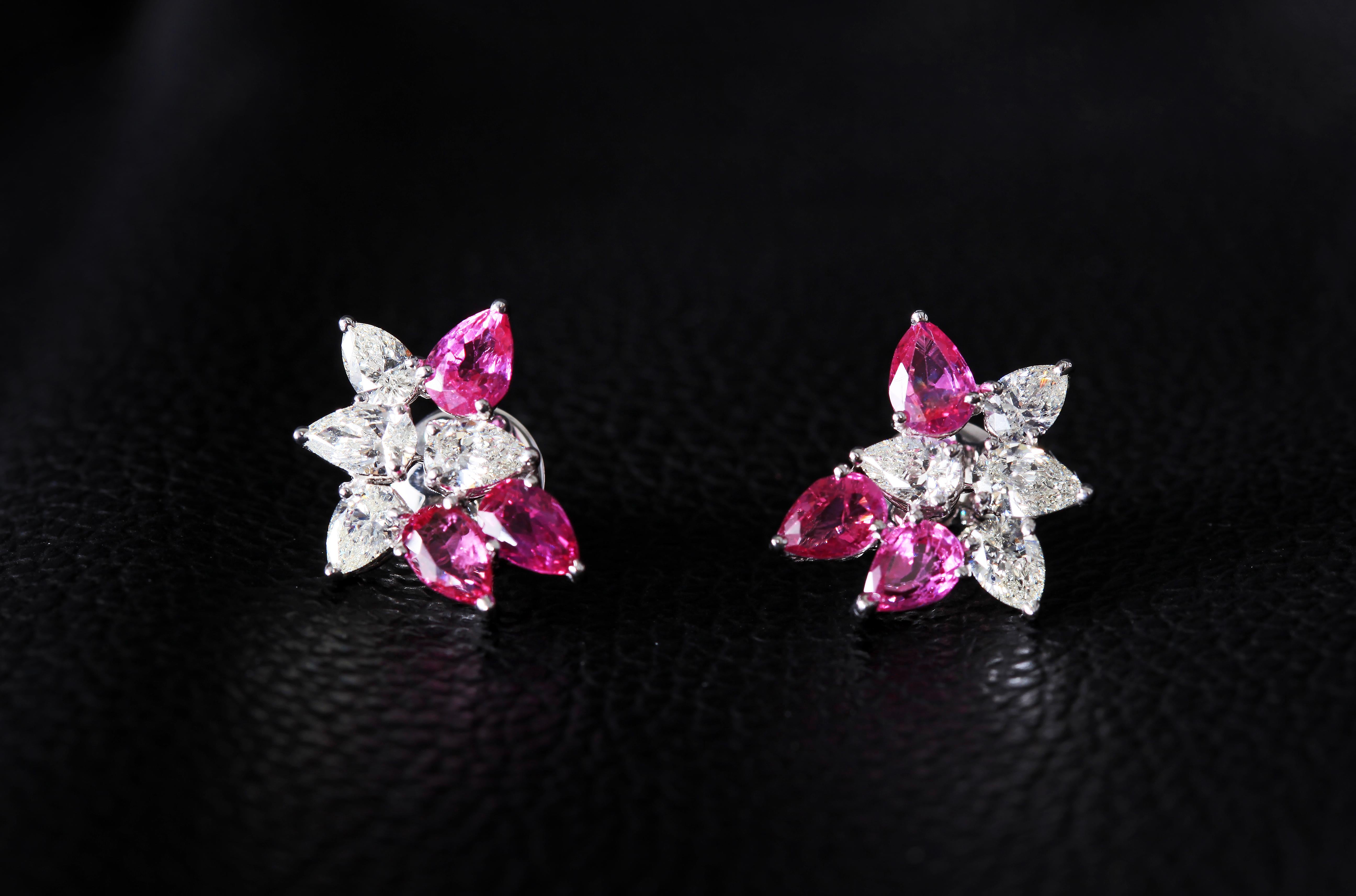 Beauvince Burma Floral Suite (79.44 ct Diamonds & Rubies) in White Gold In New Condition For Sale In New York, NY