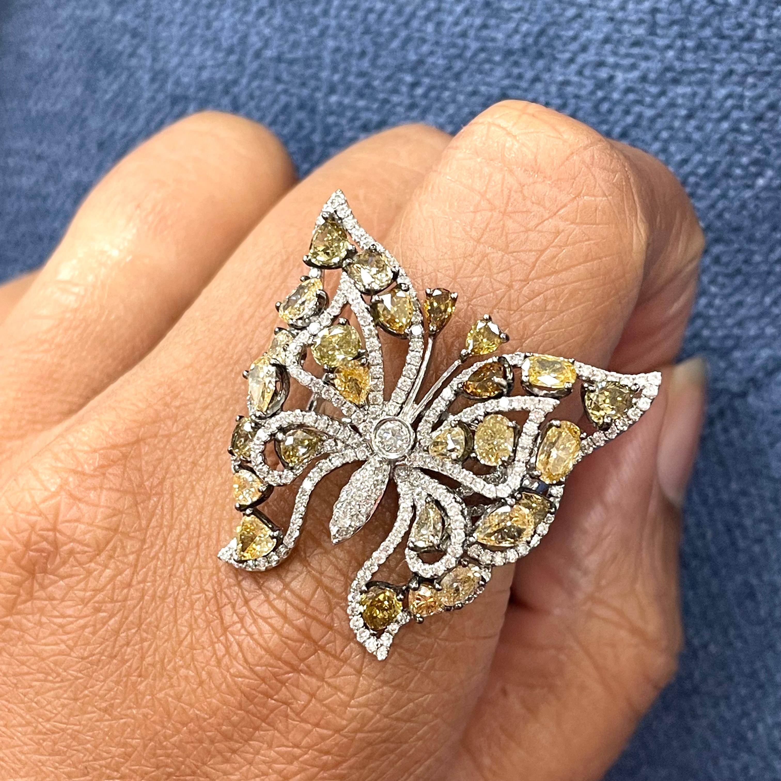 Contemporary Beauvince Butterfly Fall Ring 4.95 Ct Diamonds in White Gold For Sale