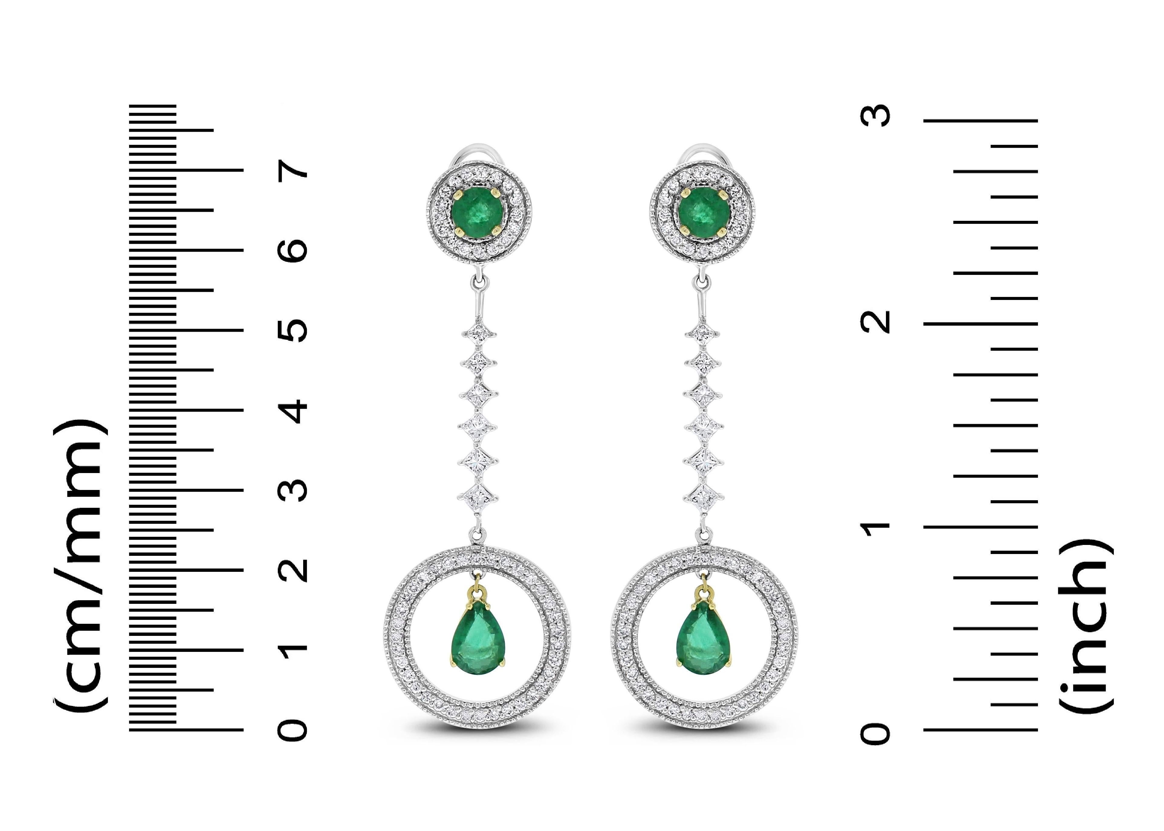 Pear Cut Beauvince Green Emerald and White Diamond Long Dangle Earrings in White Gold For Sale