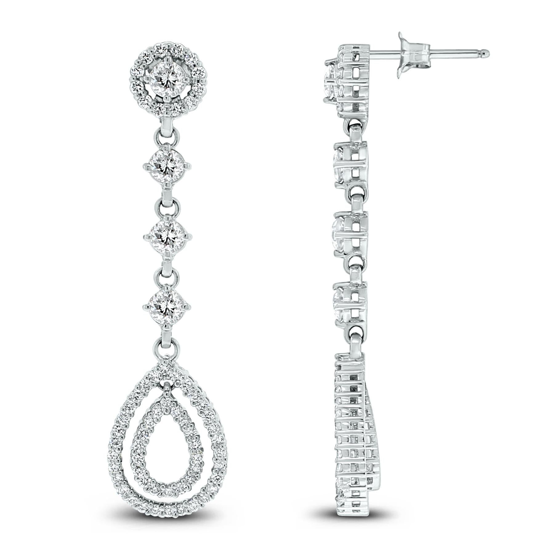 Contemporain Beauvince Boucles d'oreilles pendantes en or blanc avec halo de diamants de 2,02 carats en vente