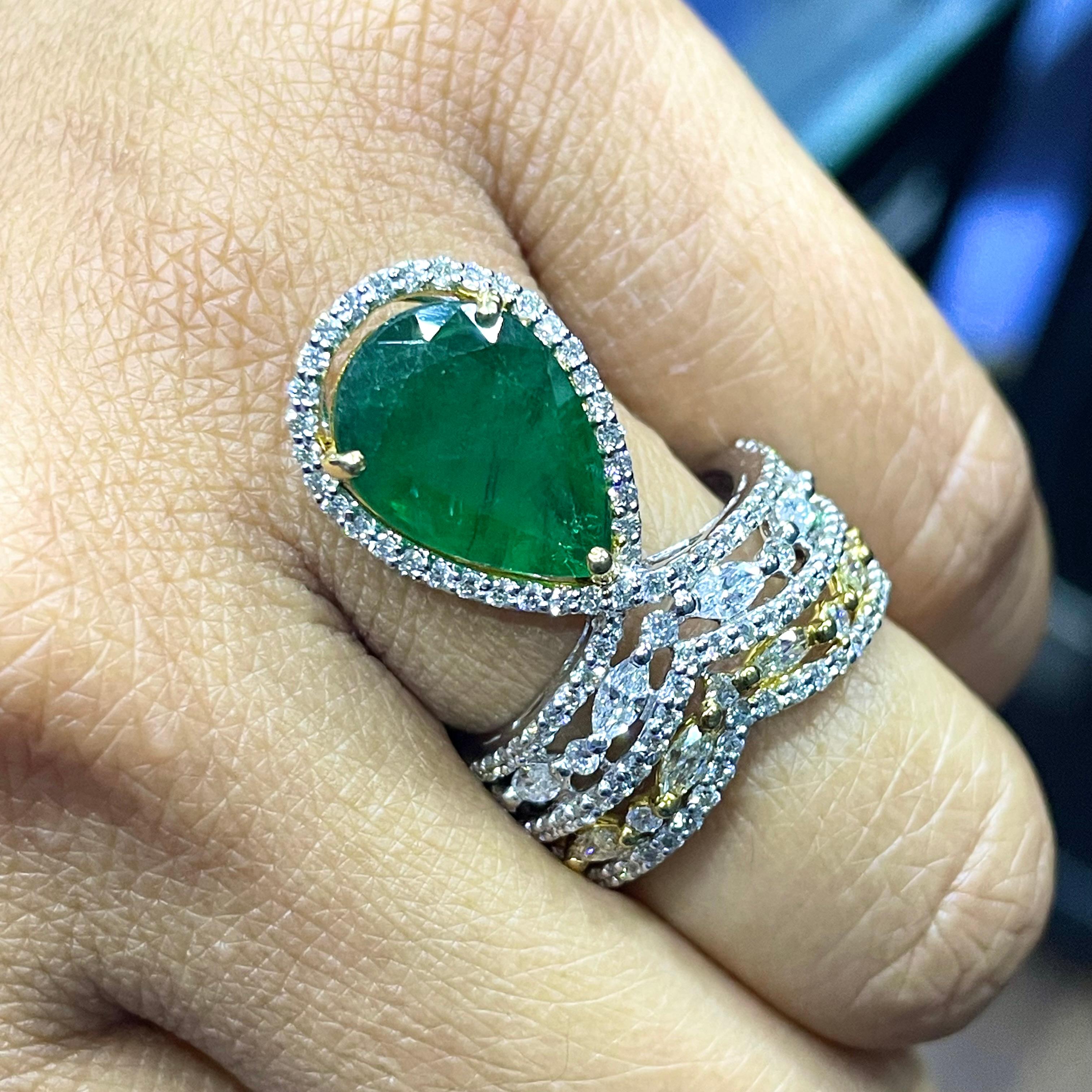 Pear Cut Beauvince Danya Ring (6.83 cts Emerald & Diamonds) in Gold For Sale