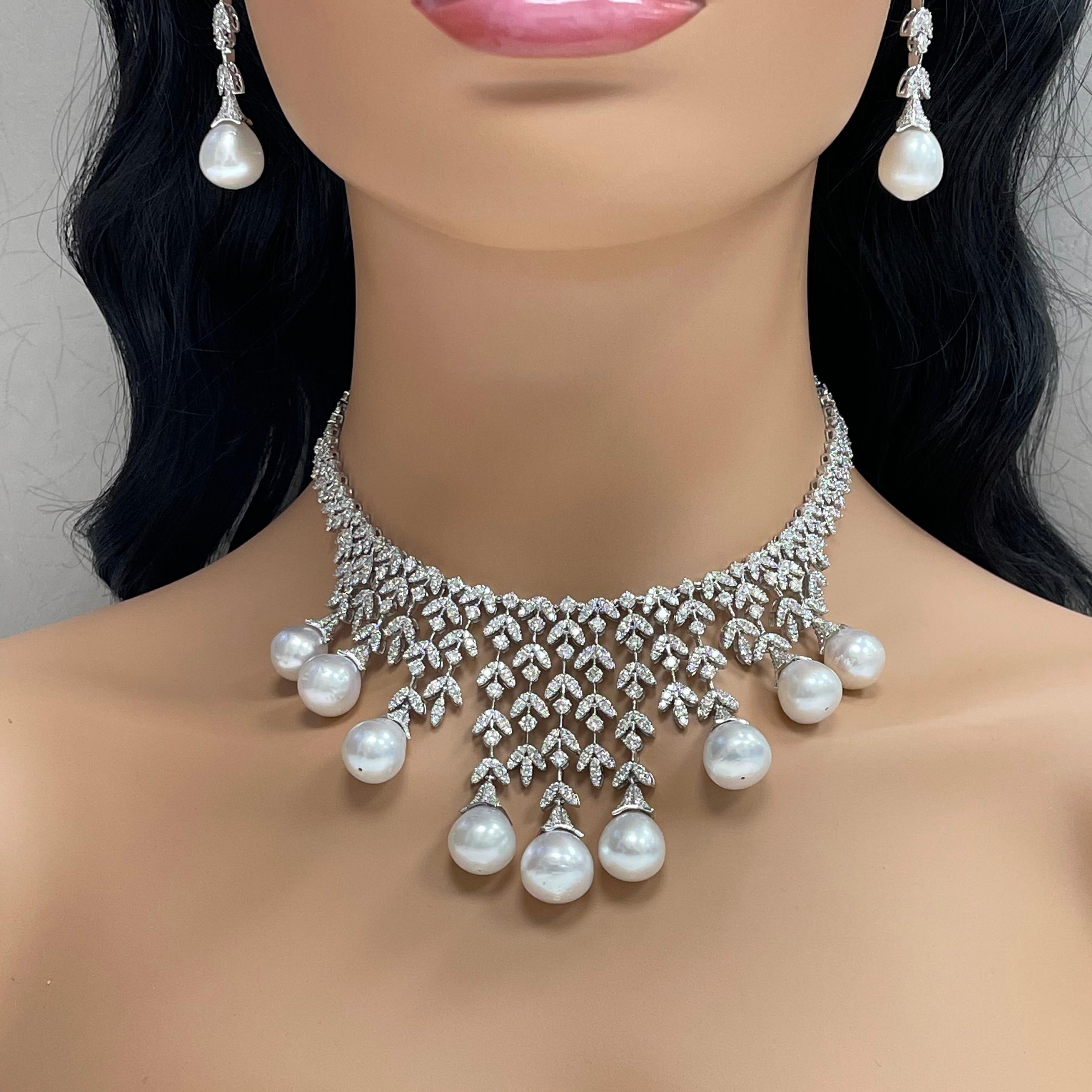 Round Cut Beauvince Diamond and South Sea Pearl Collar Necklace in White Gold For Sale