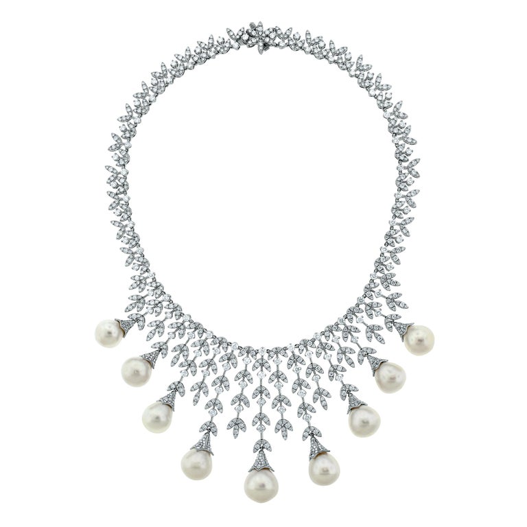 Beauvince Diamond and South Sea Pearl Collar Necklace in White Gold For ...