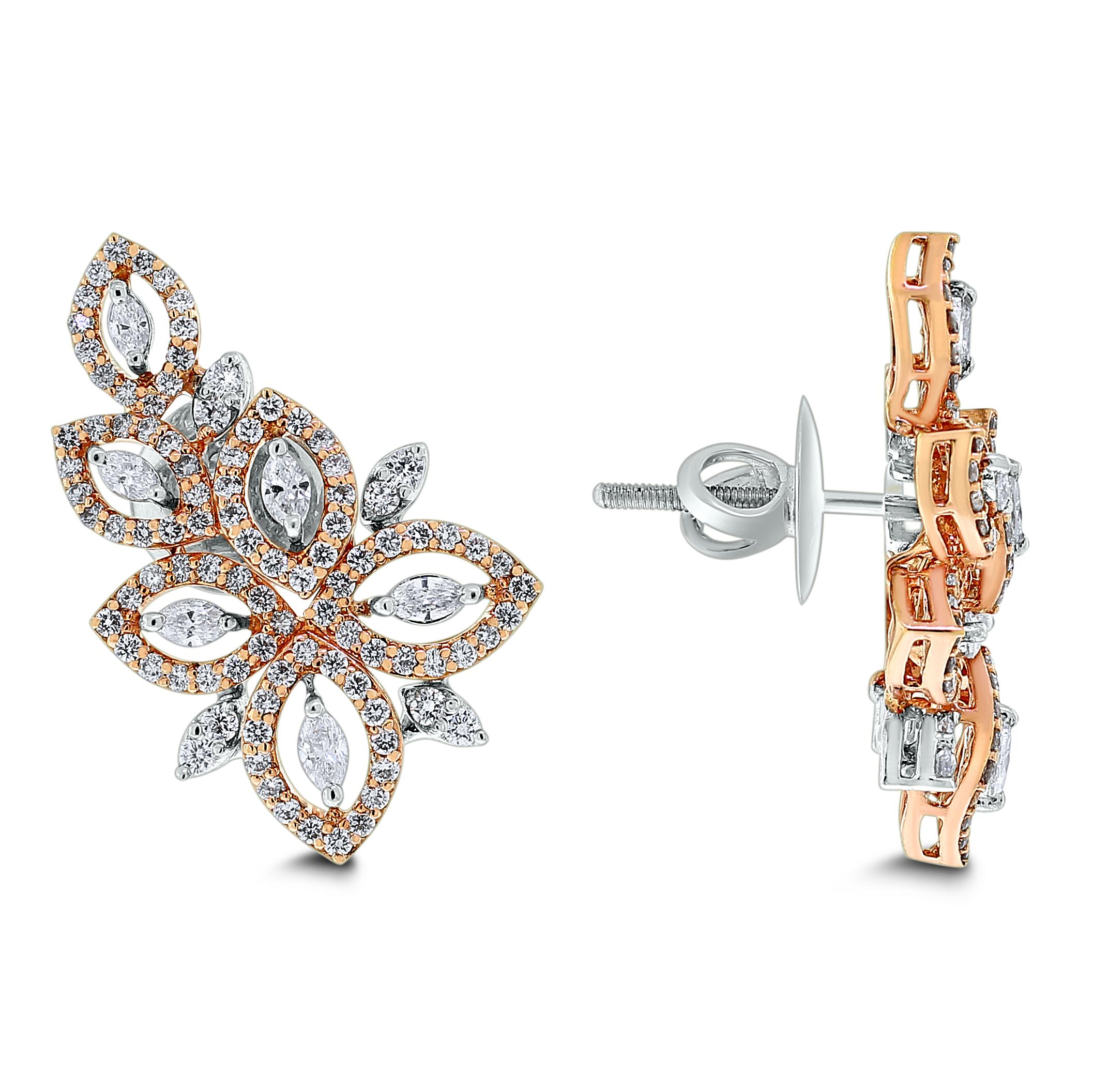 The Beauvince Gaia Diamond Earrings are delicate & sensual celebrating the blossoming of spring. Delicate ear climbers, they are unique and stylish. 

Total Diamond Weight: 1.86 ct (Earrings)
Diamond Shapes: Marquise & Round
Diamond Color: H - I