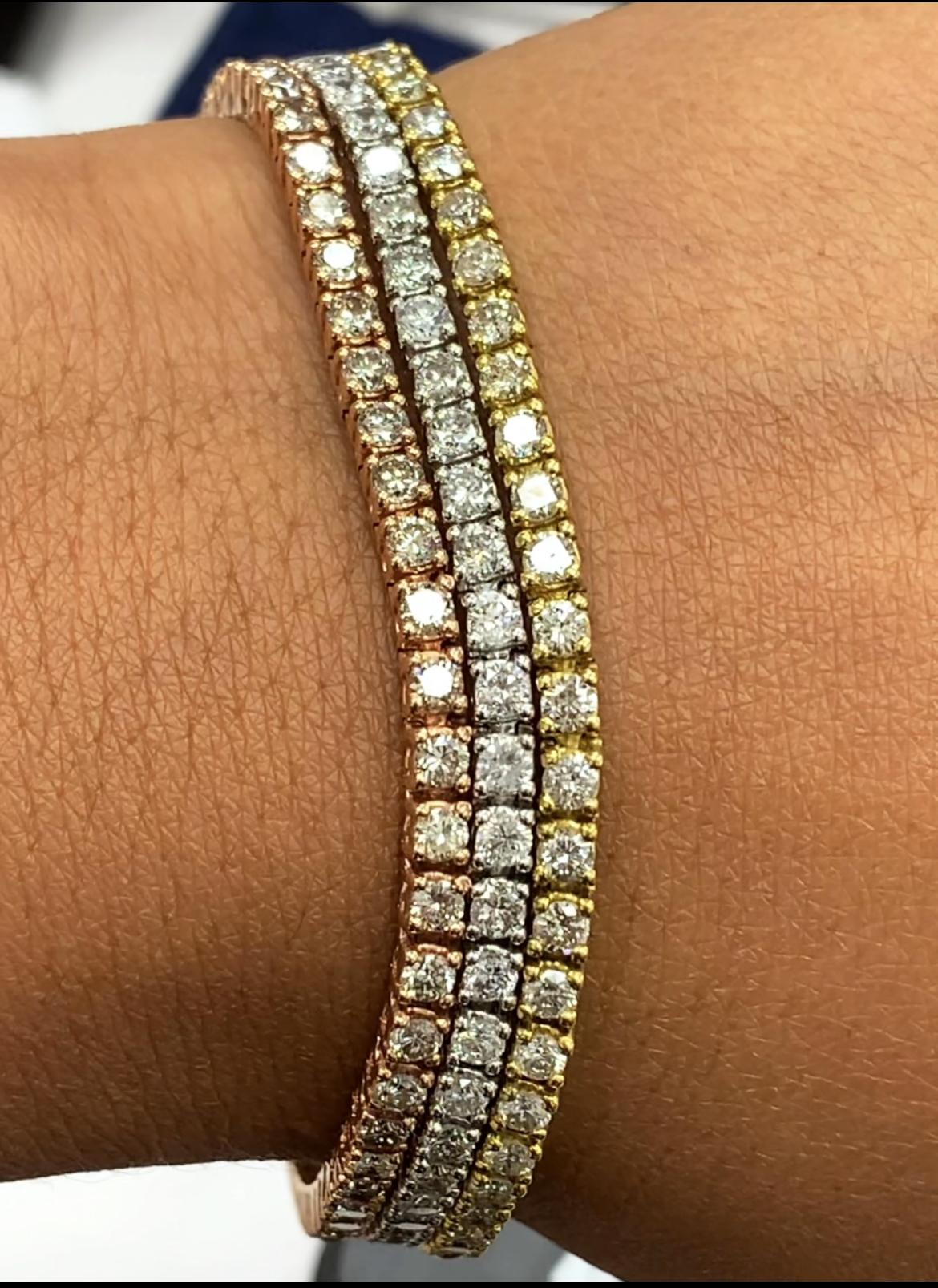 A diamond tennis bracelet is the most elegant and classic piece of evergreen jewelry. It is feminine, comfortable and accentuates a woman's wrist with brilliance and sparkles. This three row rose, white and yellow gold tennis bracelet is